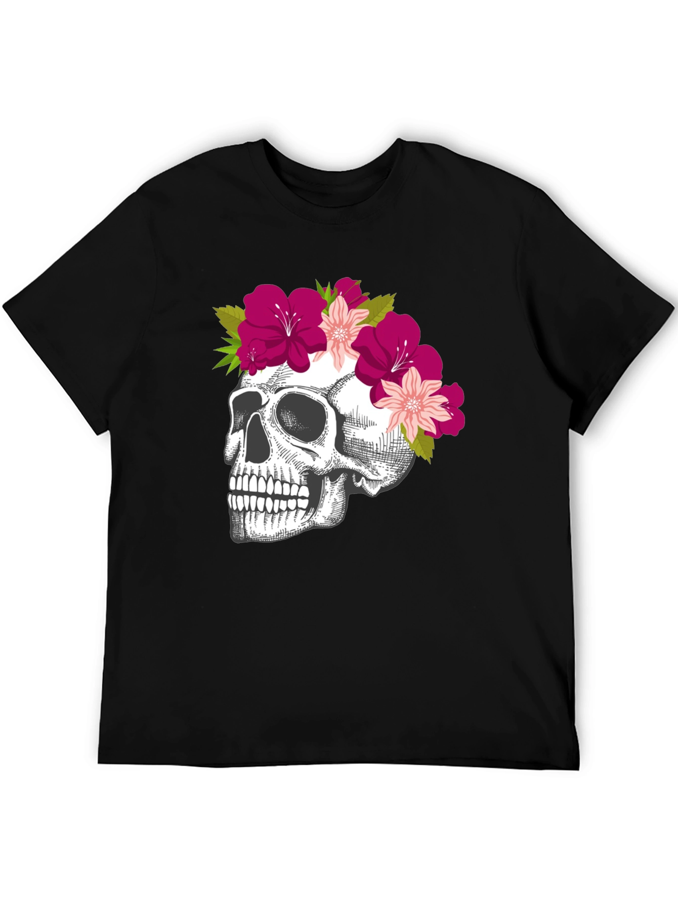 Floral Skull Graphic Tee - Stylish Black T-Shirt