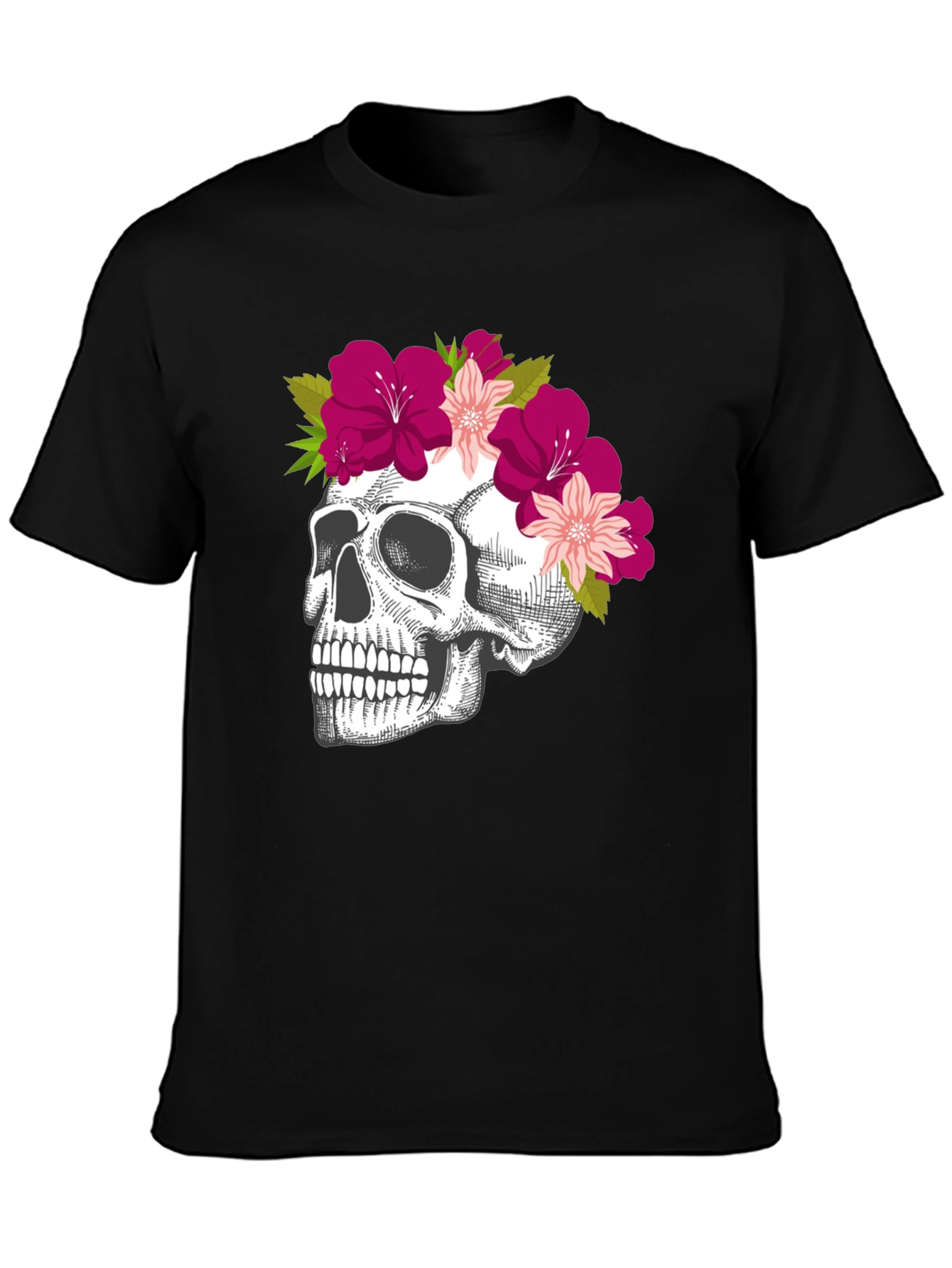 Floral Skull Graphic Tee - Stylish Black T-Shirt