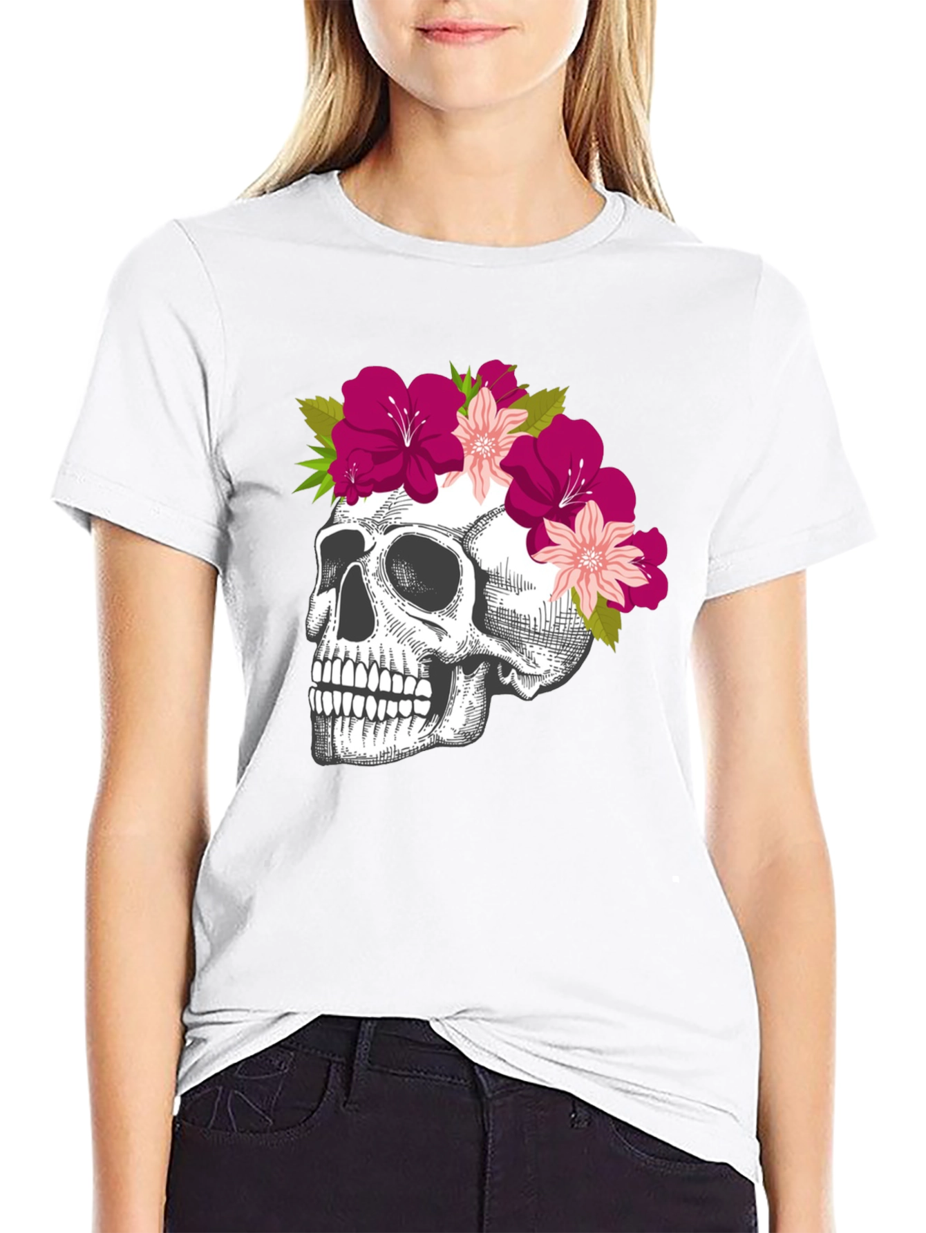Floral Skull Graphic Tee - Stylish Black T-Shirt