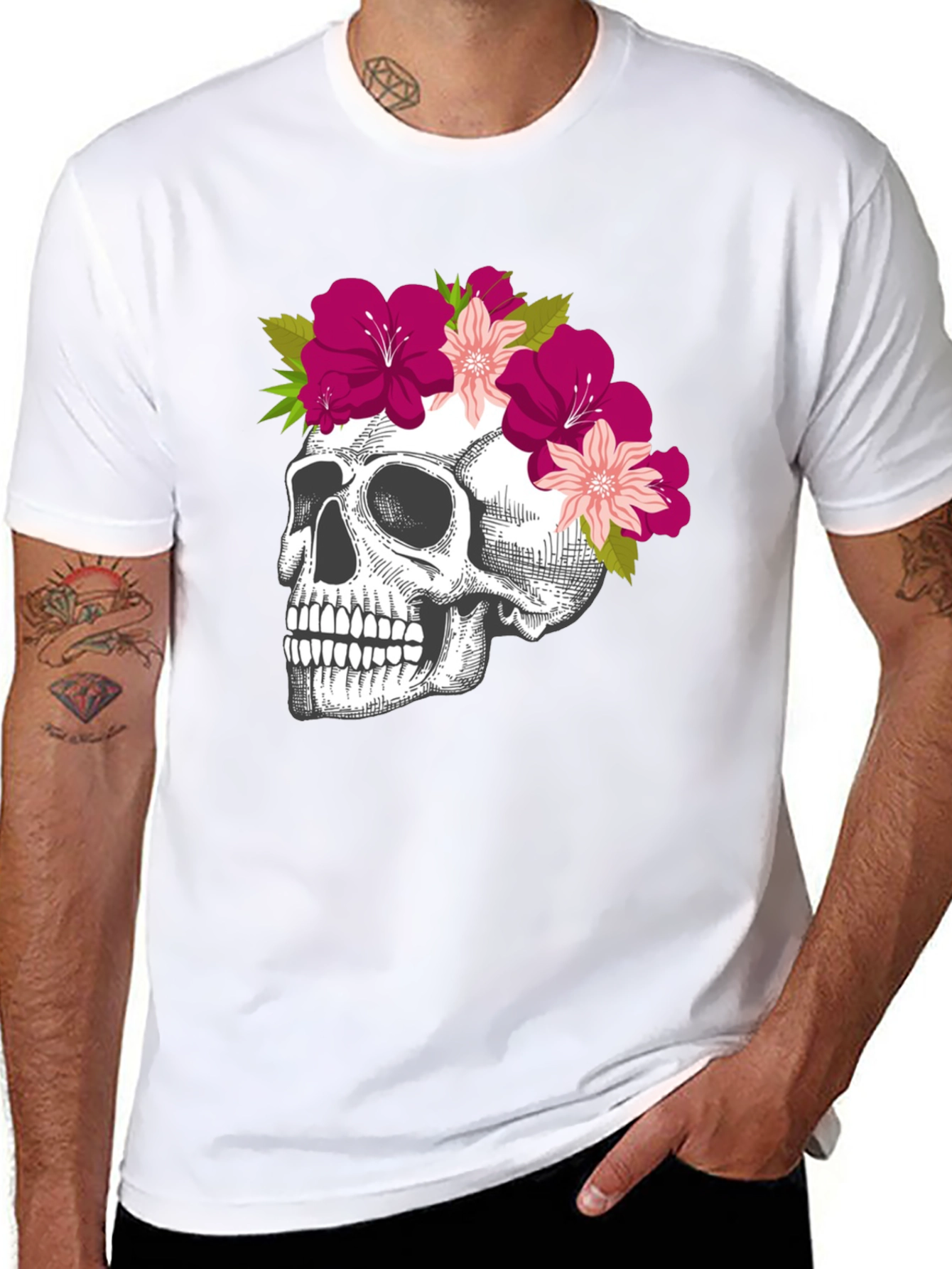 Floral Skull Graphic Tee - Stylish Black T-Shirt