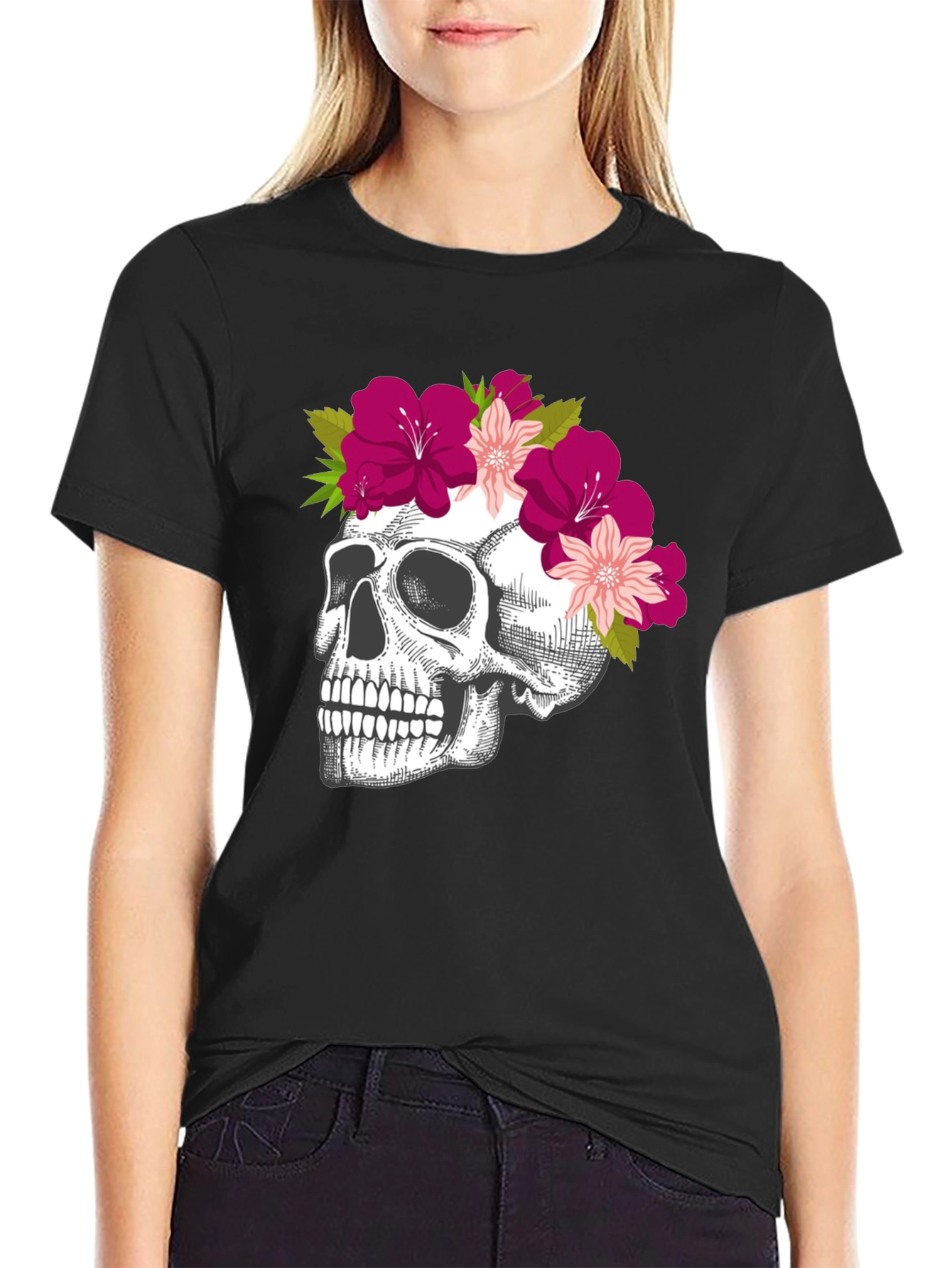 Floral Skull Graphic Tee - Stylish Black T-Shirt
