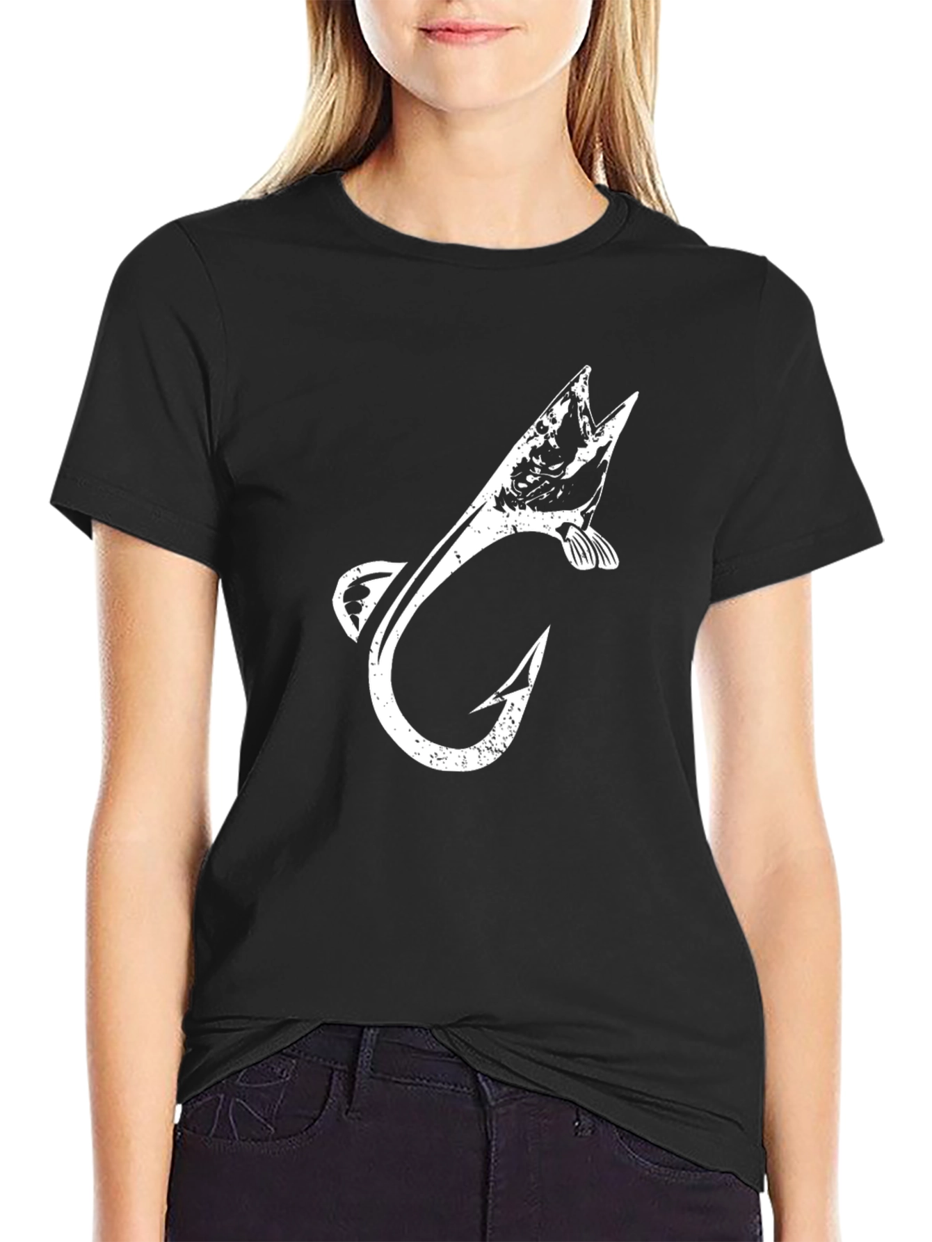 Fishing Hook & Fish Graphic T-Shirt - Black