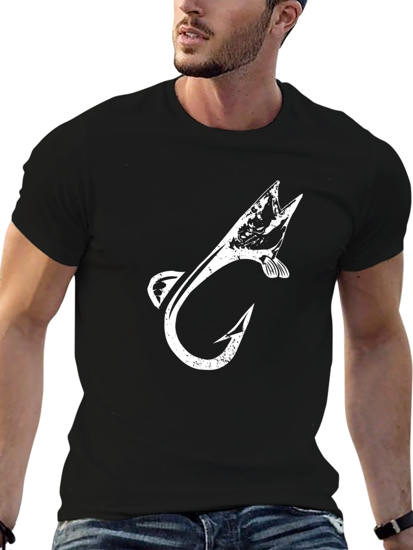 Fishing Hook & Fish Graphic T-Shirt - Black