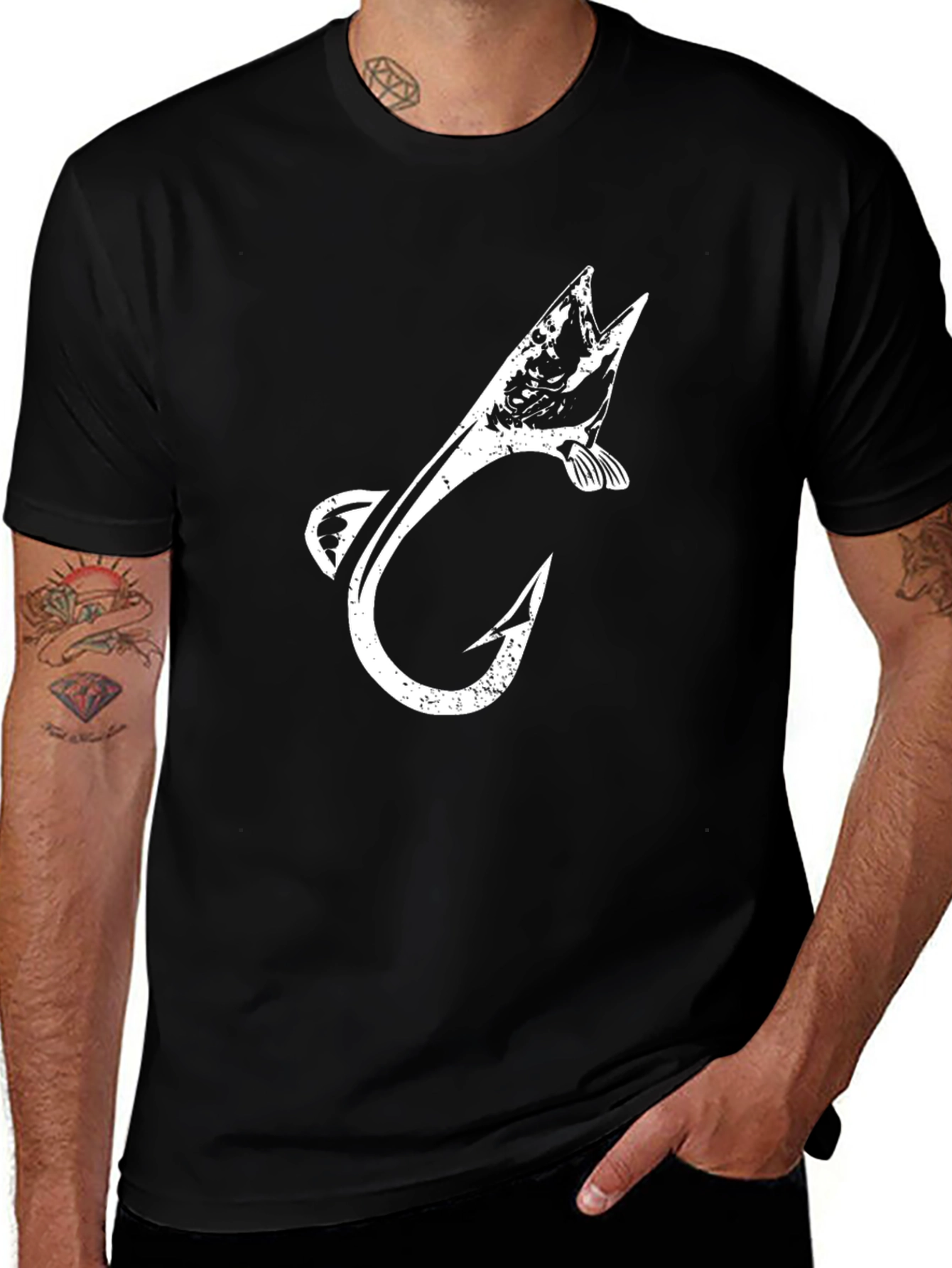 Fishing Hook & Fish Graphic T-Shirt - Black