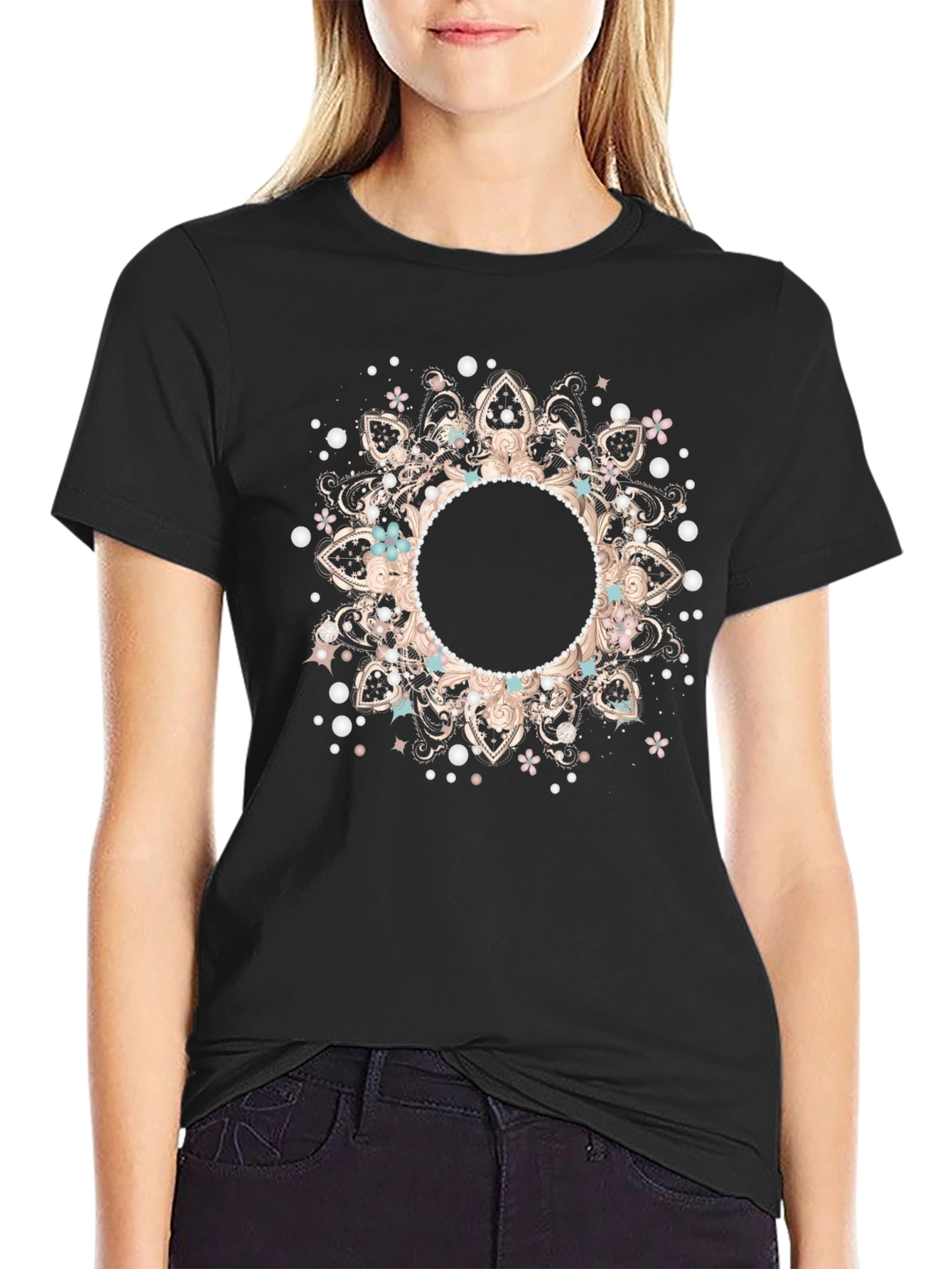 Boho Floral Mandala Black T-Shirt