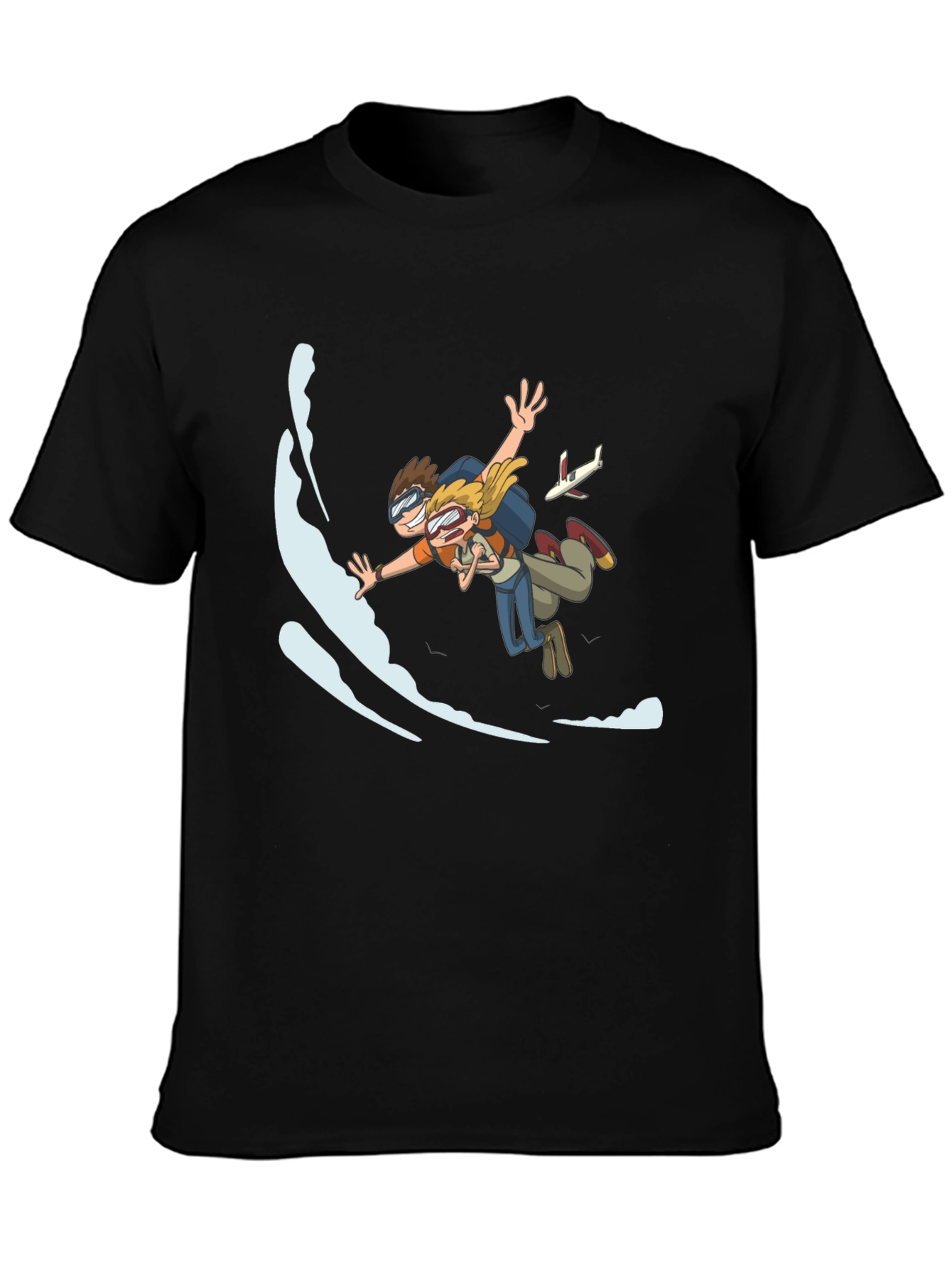 Skydiving Cartoon Graphic Black T-Shirt