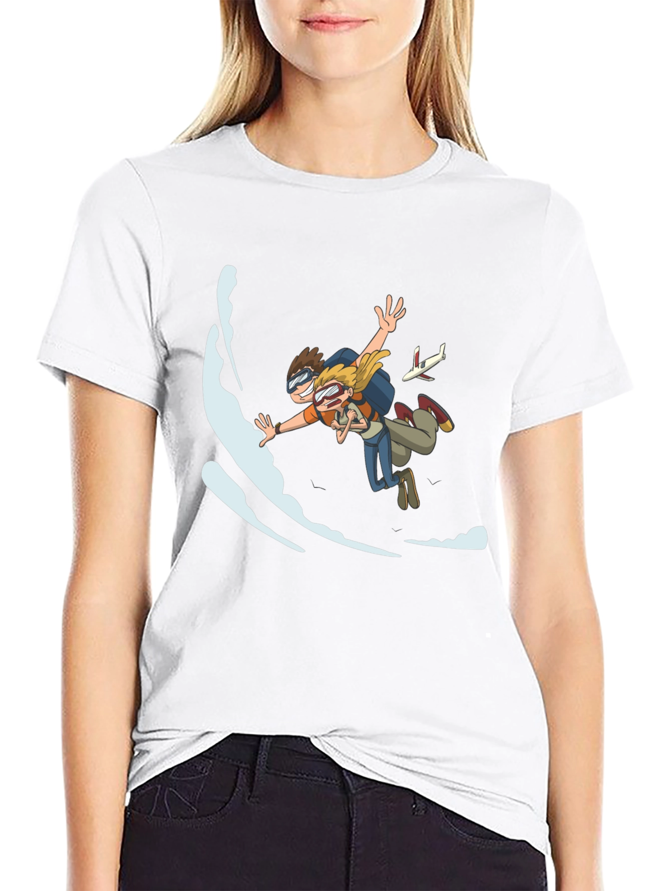 Skydiving Cartoon Graphic Black T-Shirt