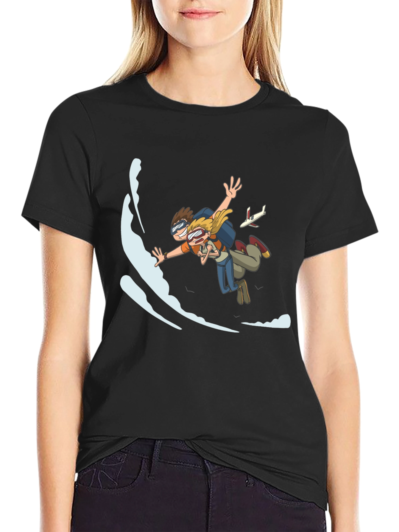 Skydiving Cartoon Graphic Black T-Shirt