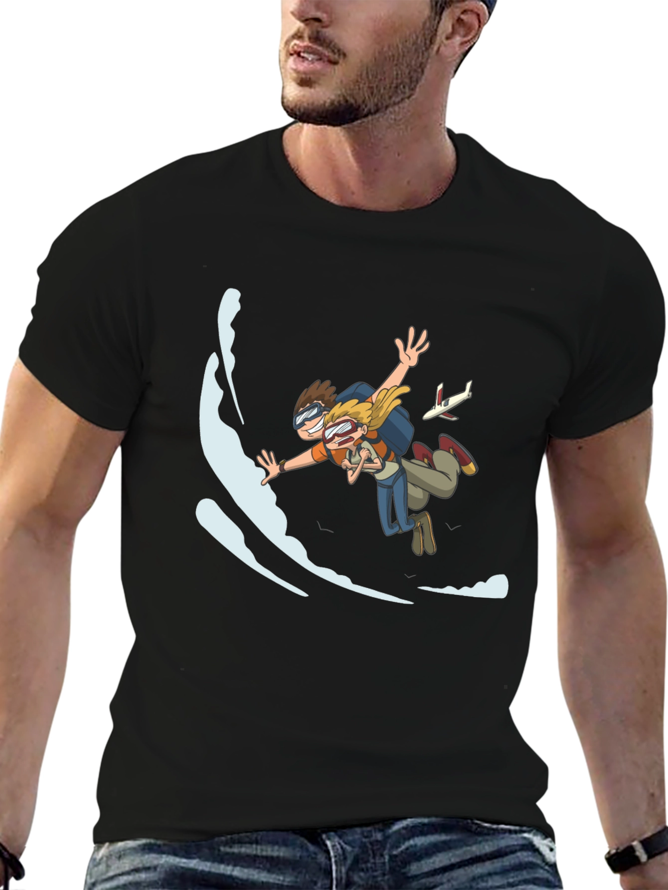 Skydiving Cartoon Graphic Black T-Shirt
