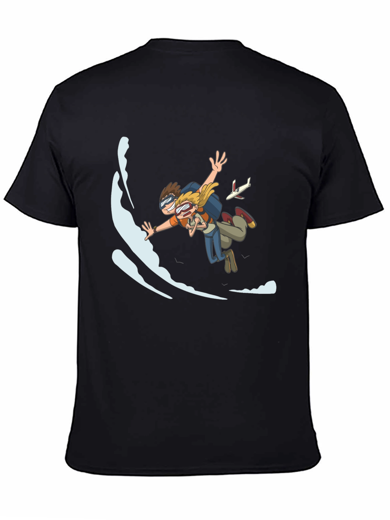 Skydiving Cartoon Graphic Black T-Shirt