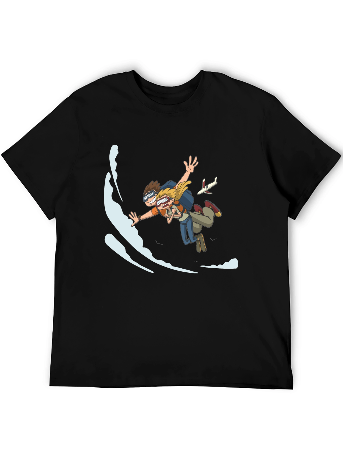 Skydiving Cartoon Graphic Black T-Shirt