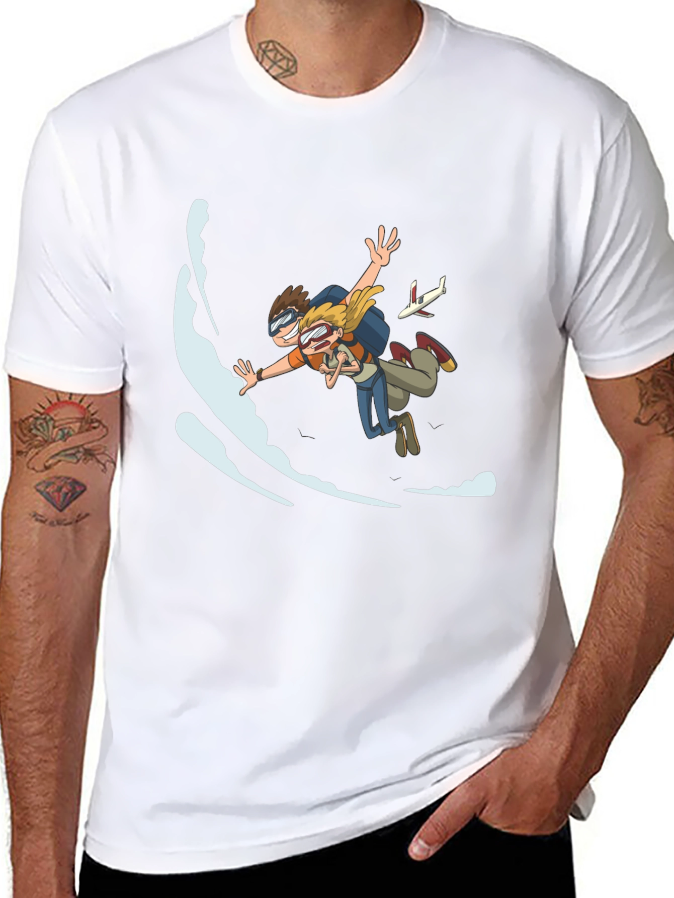 Skydiving Cartoon Graphic Black T-Shirt