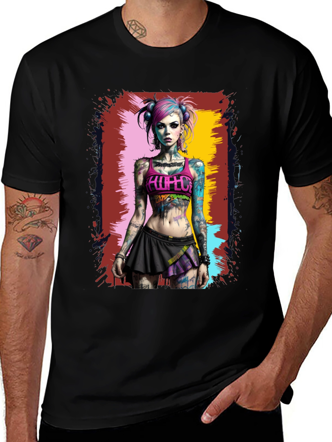 Edgy Tattooed Girl Graphic Tee - Black