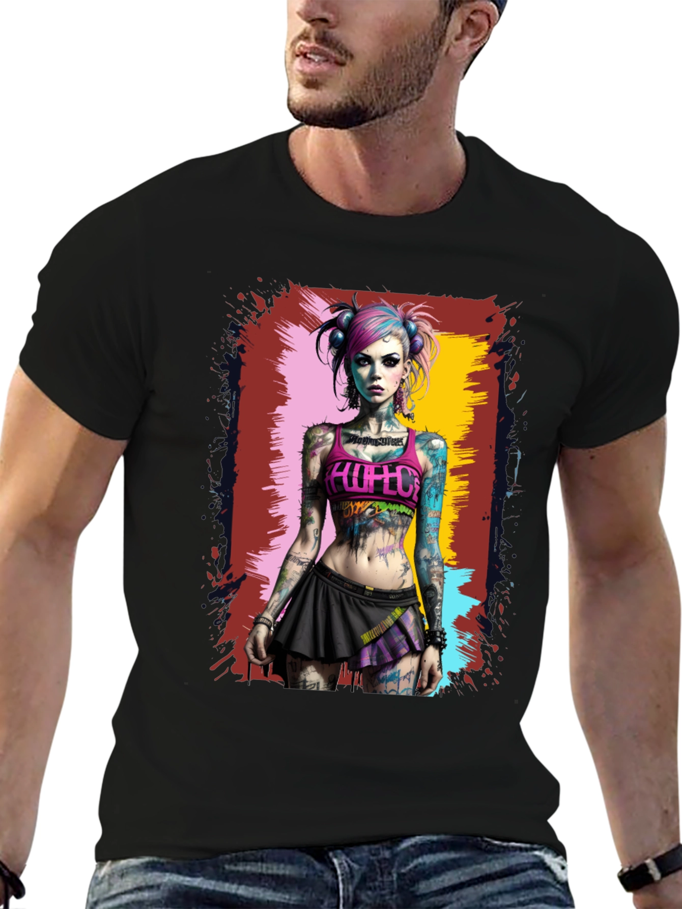 Edgy Tattooed Girl Graphic Tee - Black