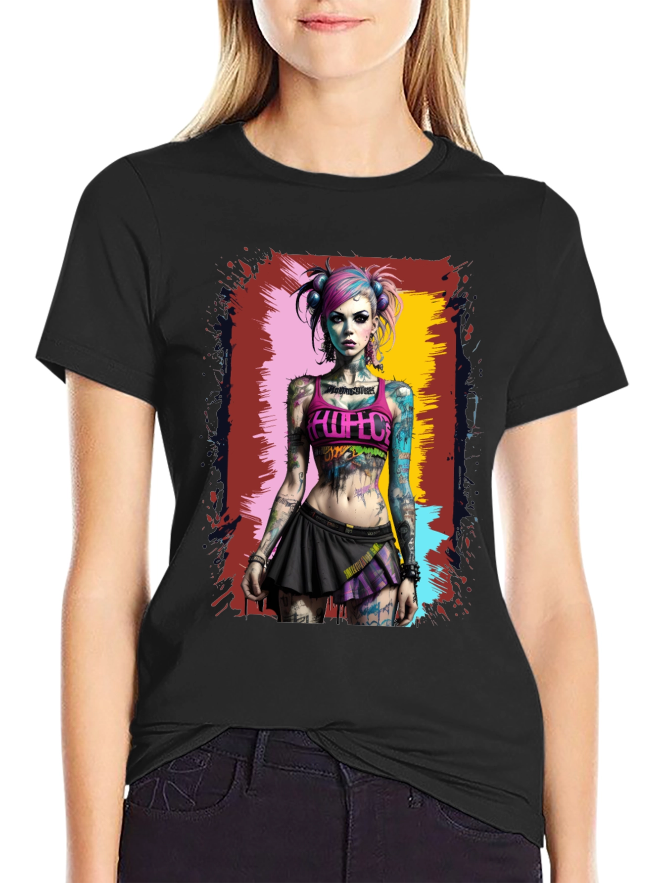 Edgy Tattooed Girl Graphic Tee - Black