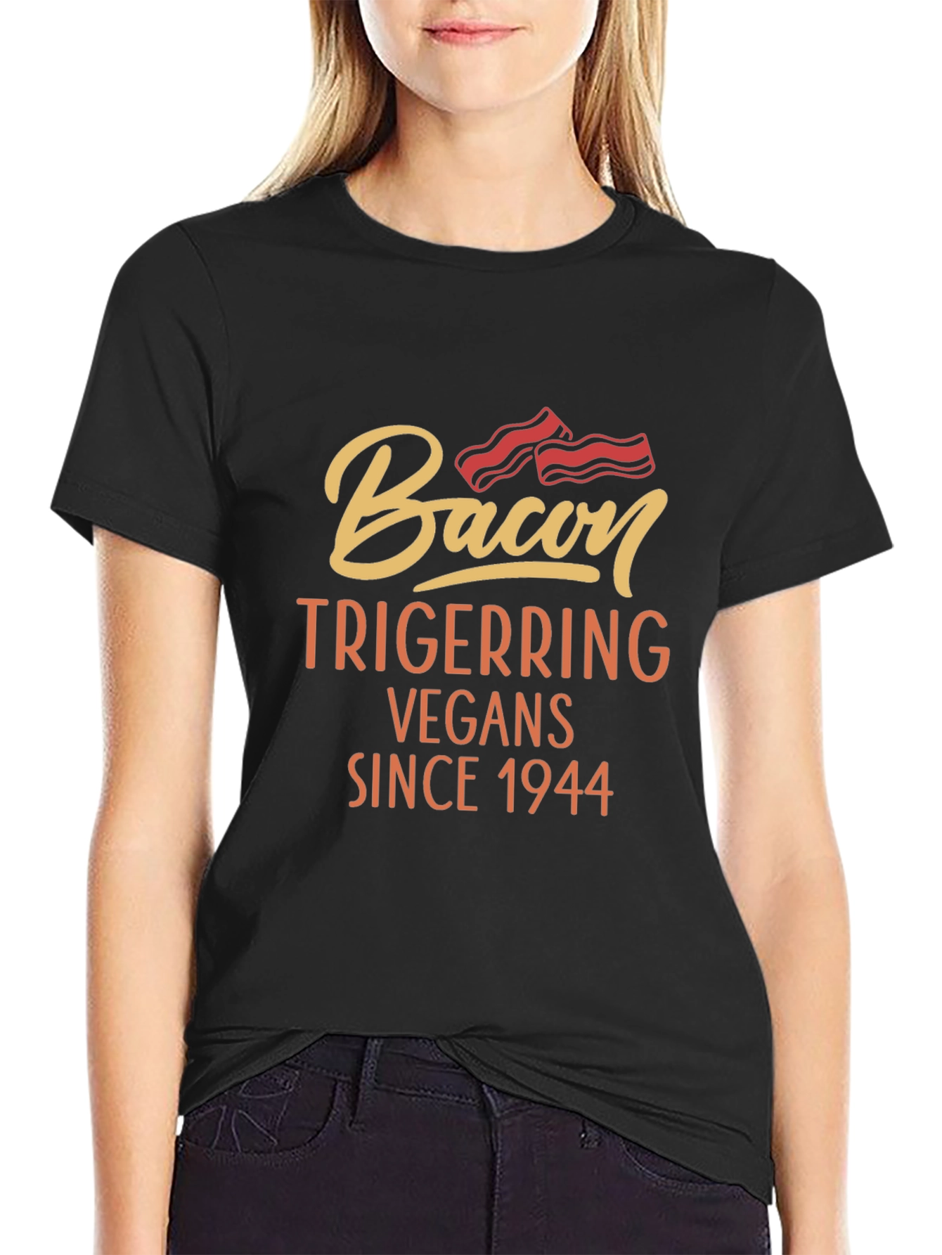 Bacon Triggering Vegans Since 1944 Black T-Shirt