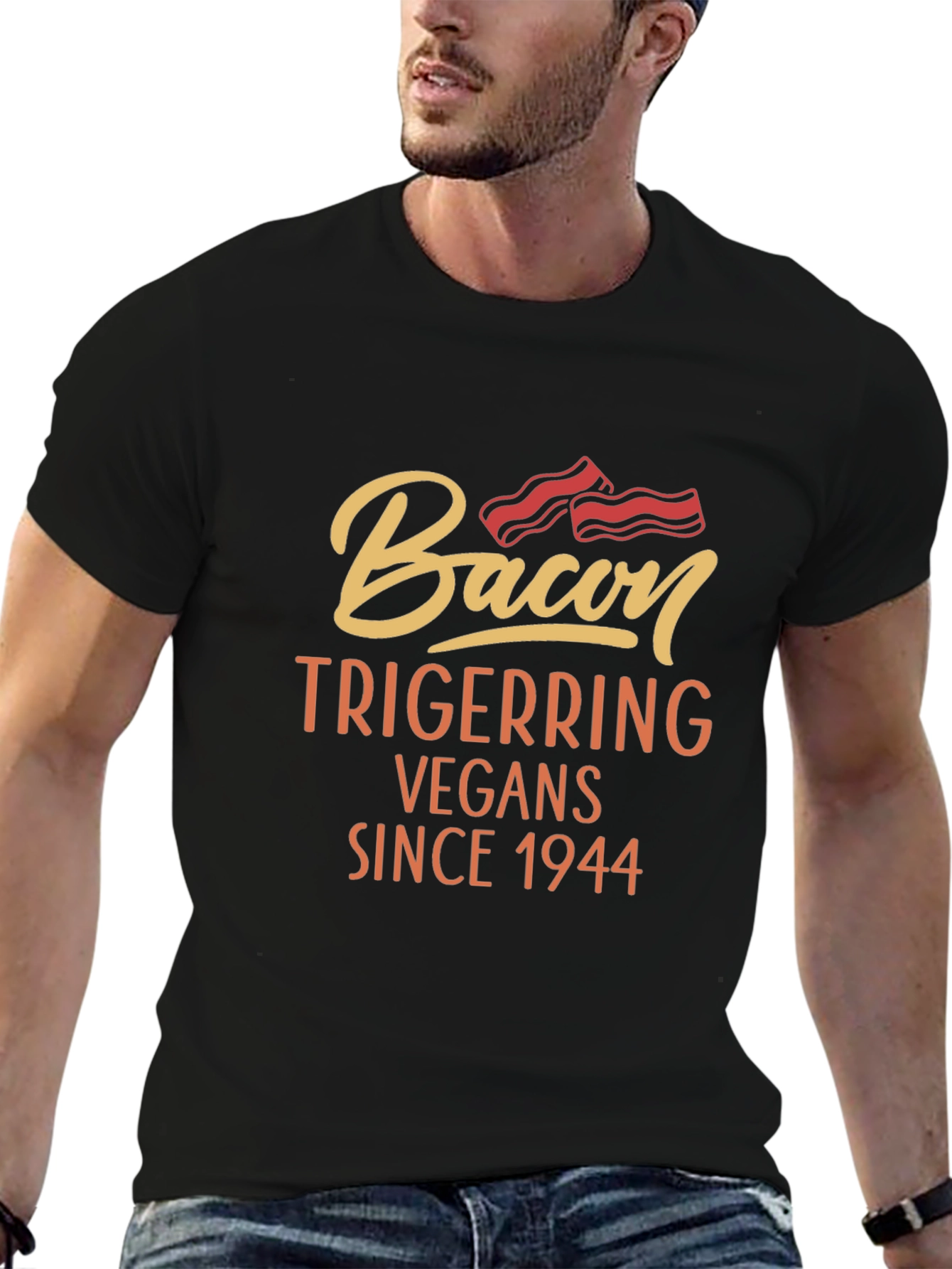 Bacon Triggering Vegans Since 1944 Black T-Shirt