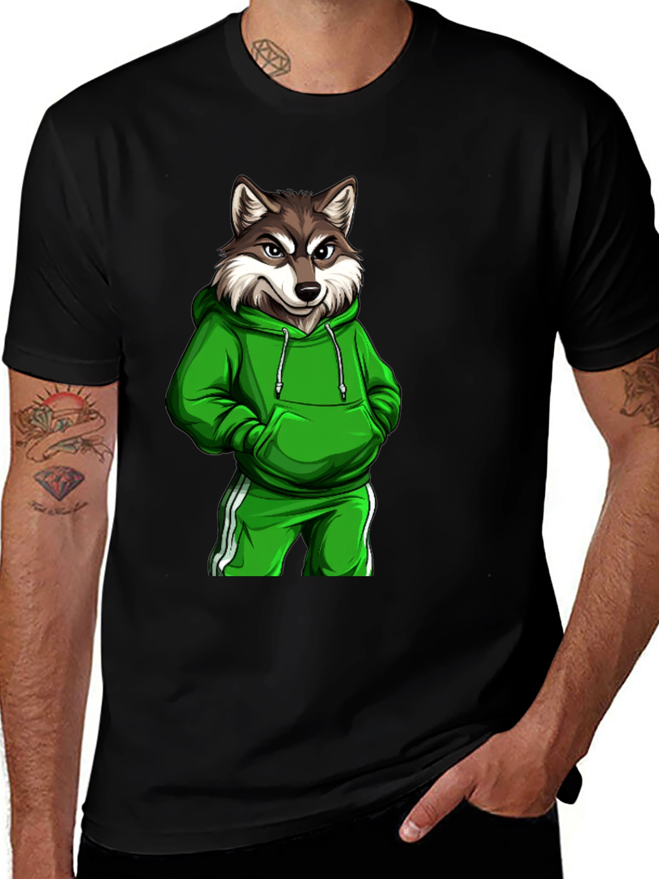 Wolf Gangster Graphic Print Black T-Shirt