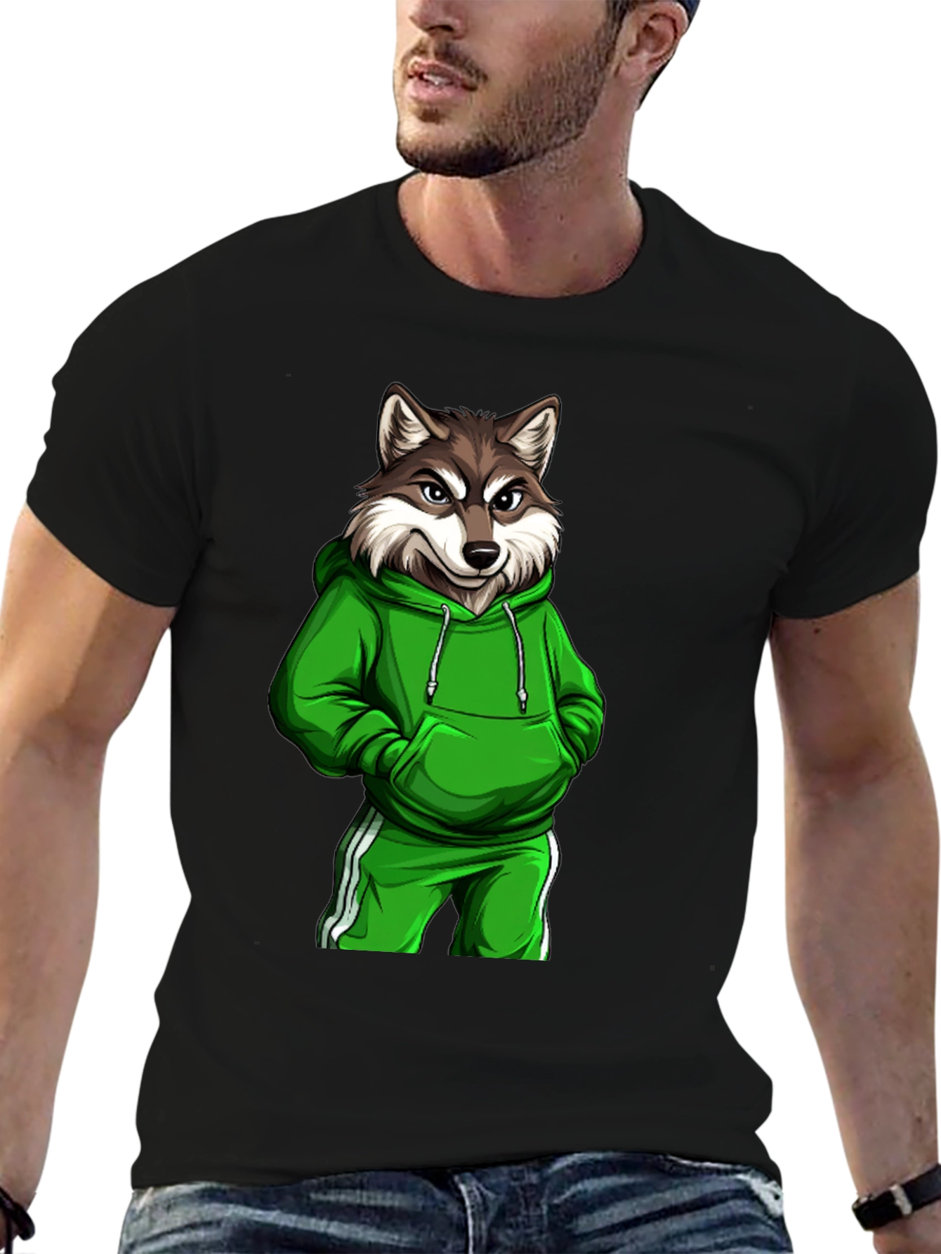 Wolf Gangster Graphic Print Black T-Shirt
