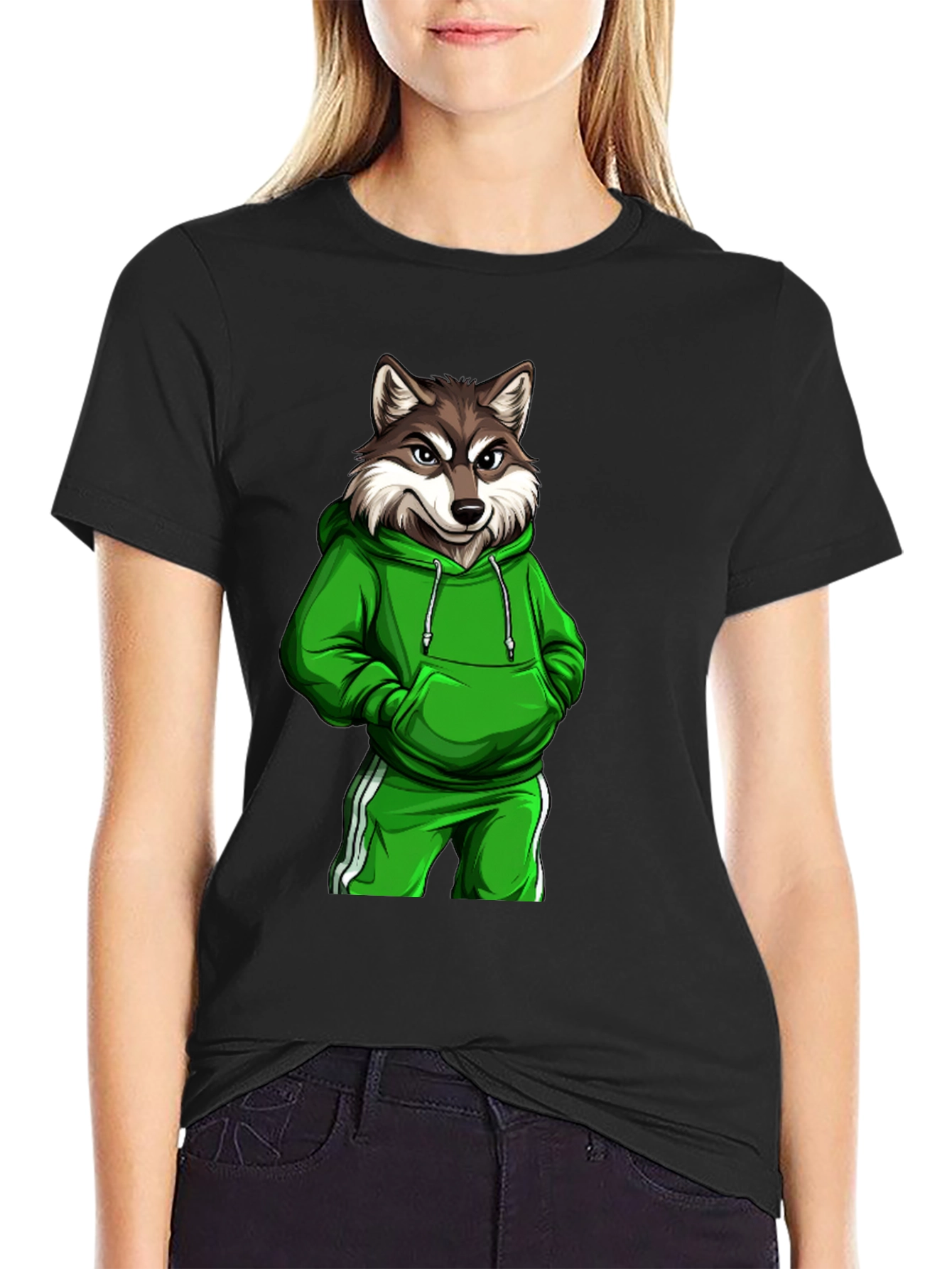Wolf Gangster Graphic Print Black T-Shirt