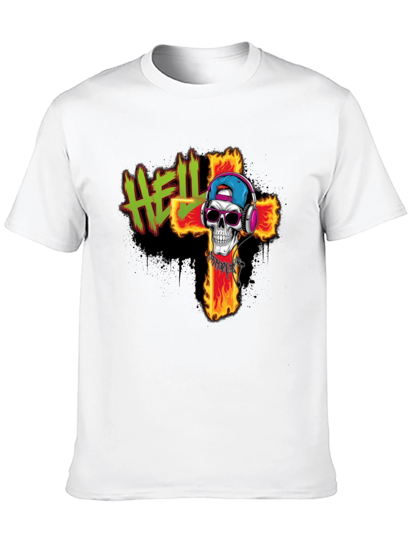 Hell Skull T-Shirt - Flaming Cross Design