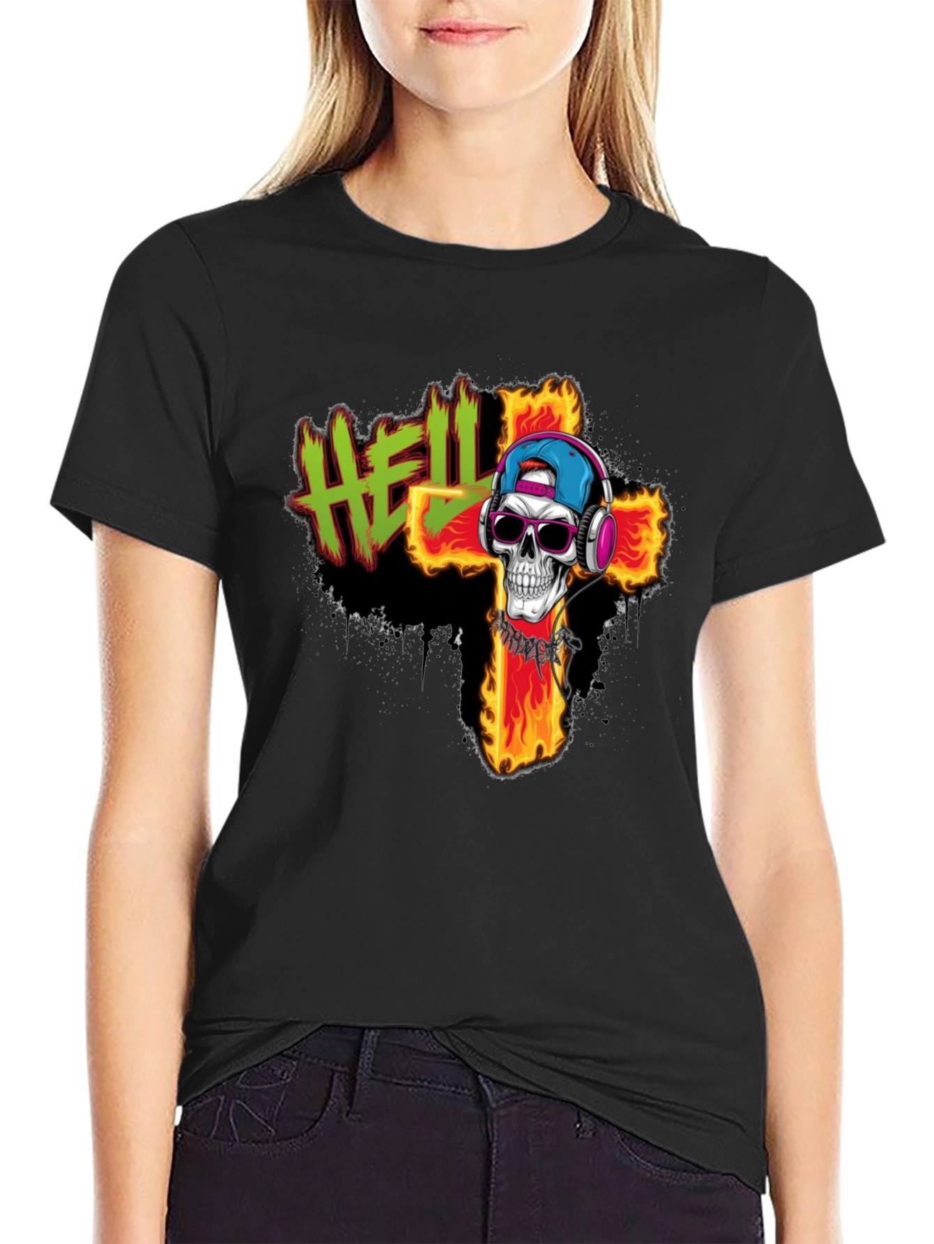 Hell Skull T-Shirt - Flaming Cross Design