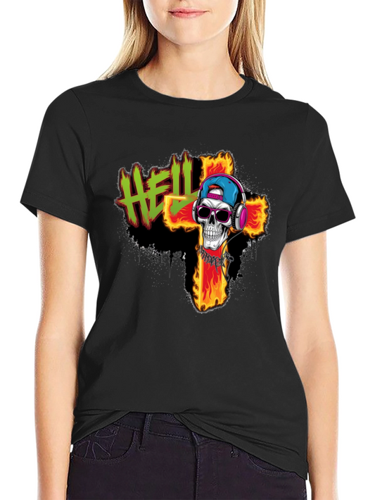 Hell Skull T-Shirt - Flaming Cross Design