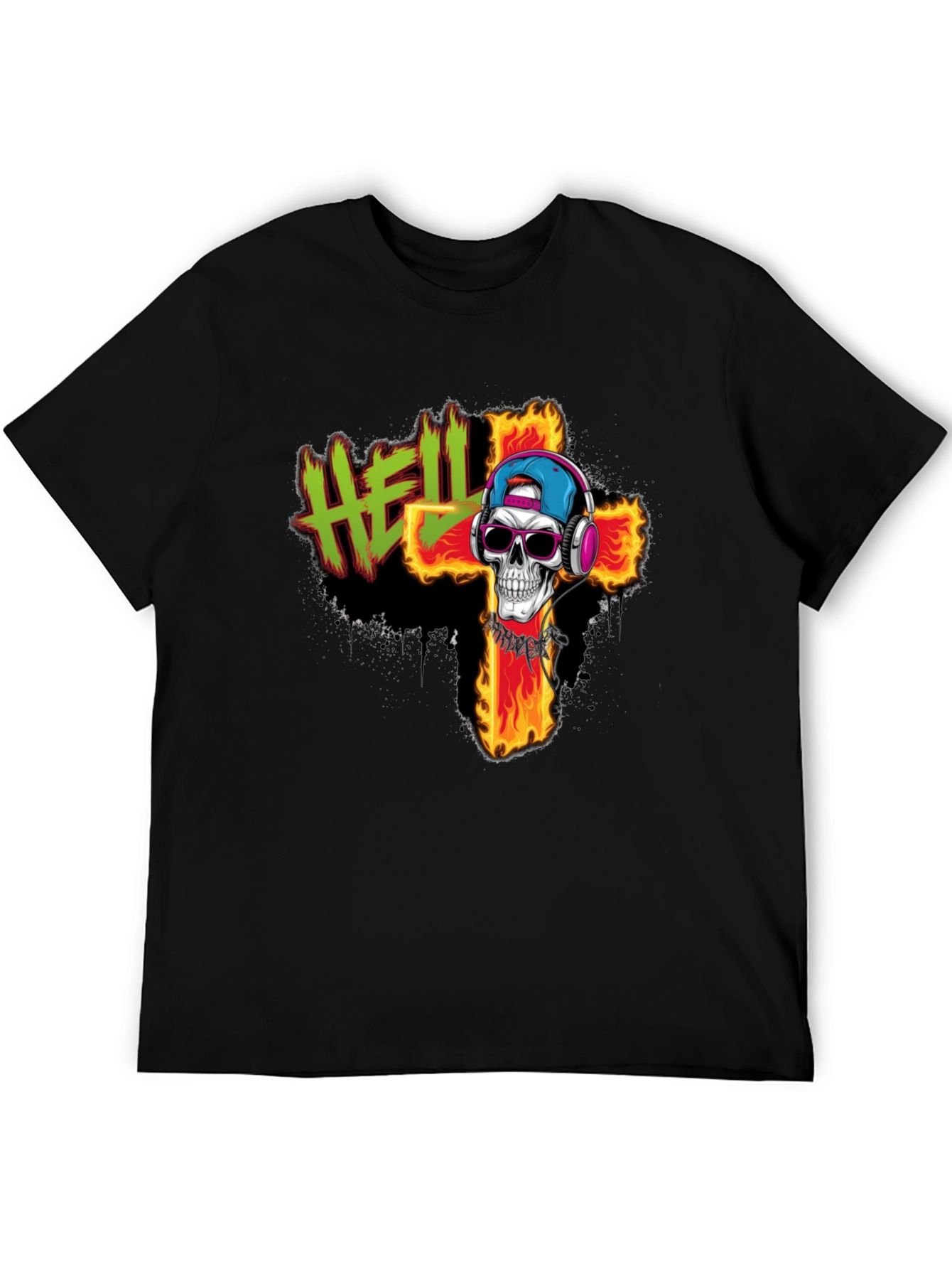 Hell Skull T-Shirt - Flaming Cross Design
