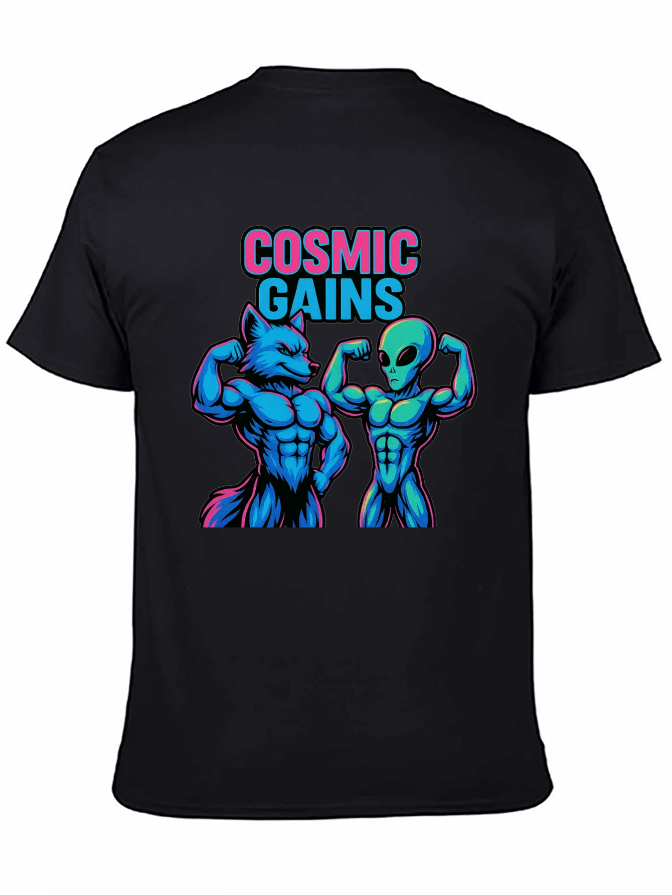 Cosmic Gains T-Shirt Wolf and Alien Workout Tee