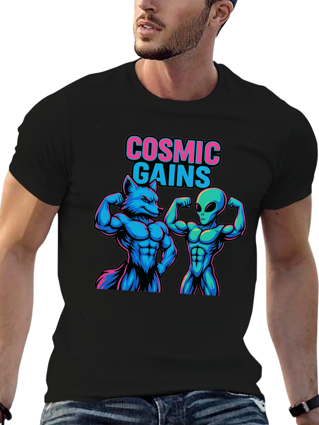Cosmic Gains T-Shirt Wolf and Alien Workout Tee