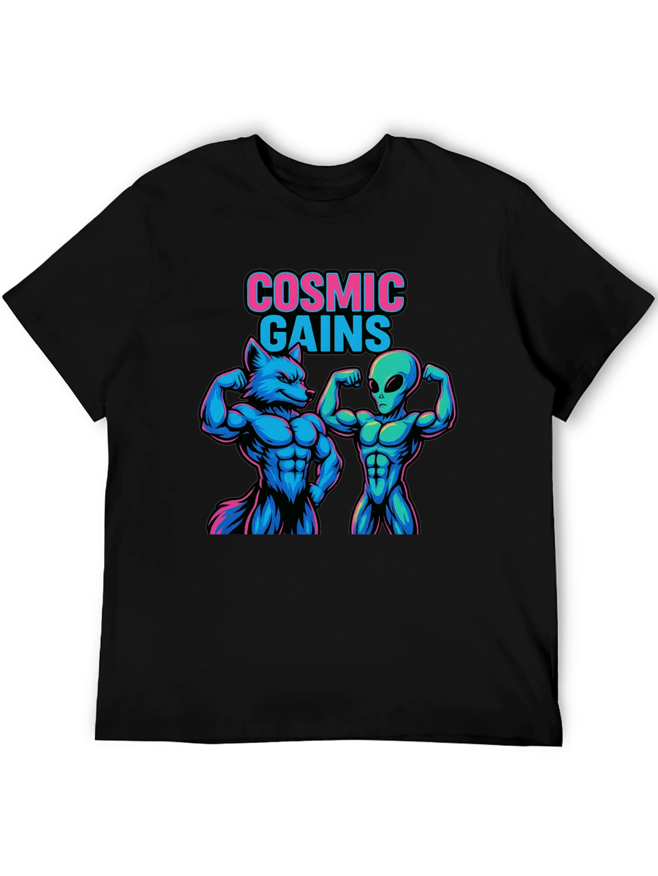 Cosmic Gains T-Shirt Wolf and Alien Workout Tee