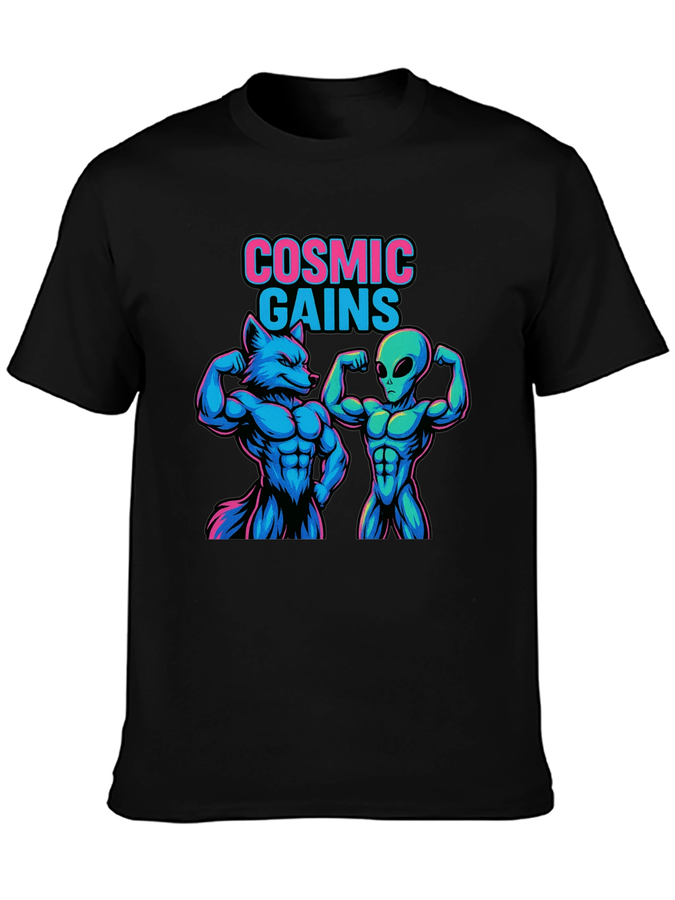 Cosmic Gains T-Shirt Wolf and Alien Workout Tee