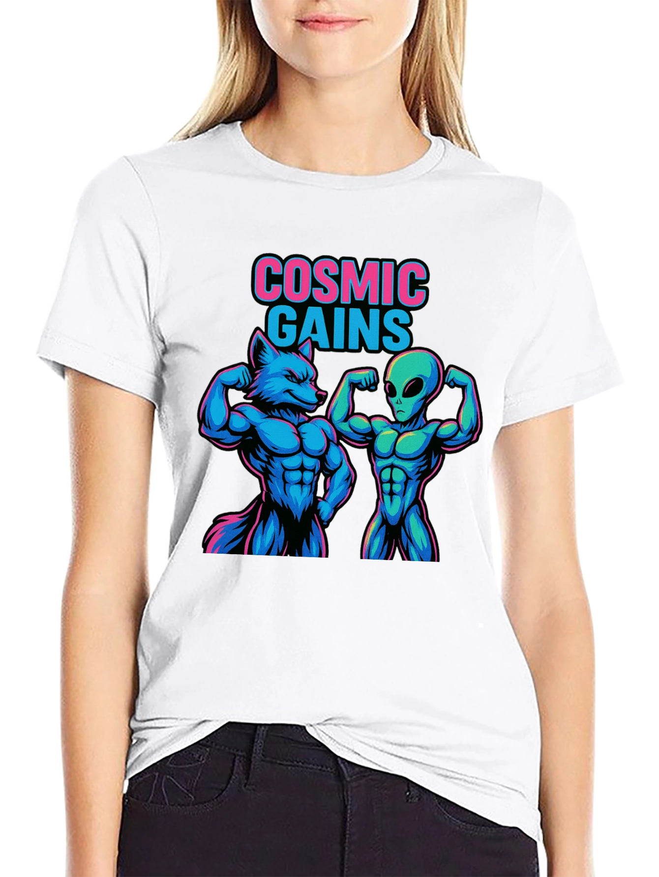 Cosmic Gains T-Shirt Wolf and Alien Workout Tee