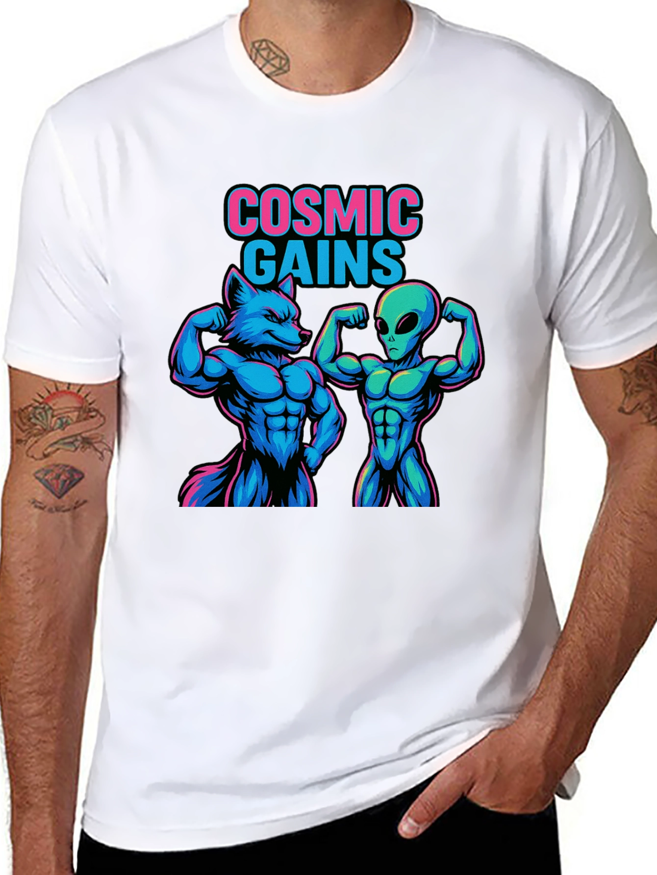 Cosmic Gains T-Shirt Wolf and Alien Workout Tee