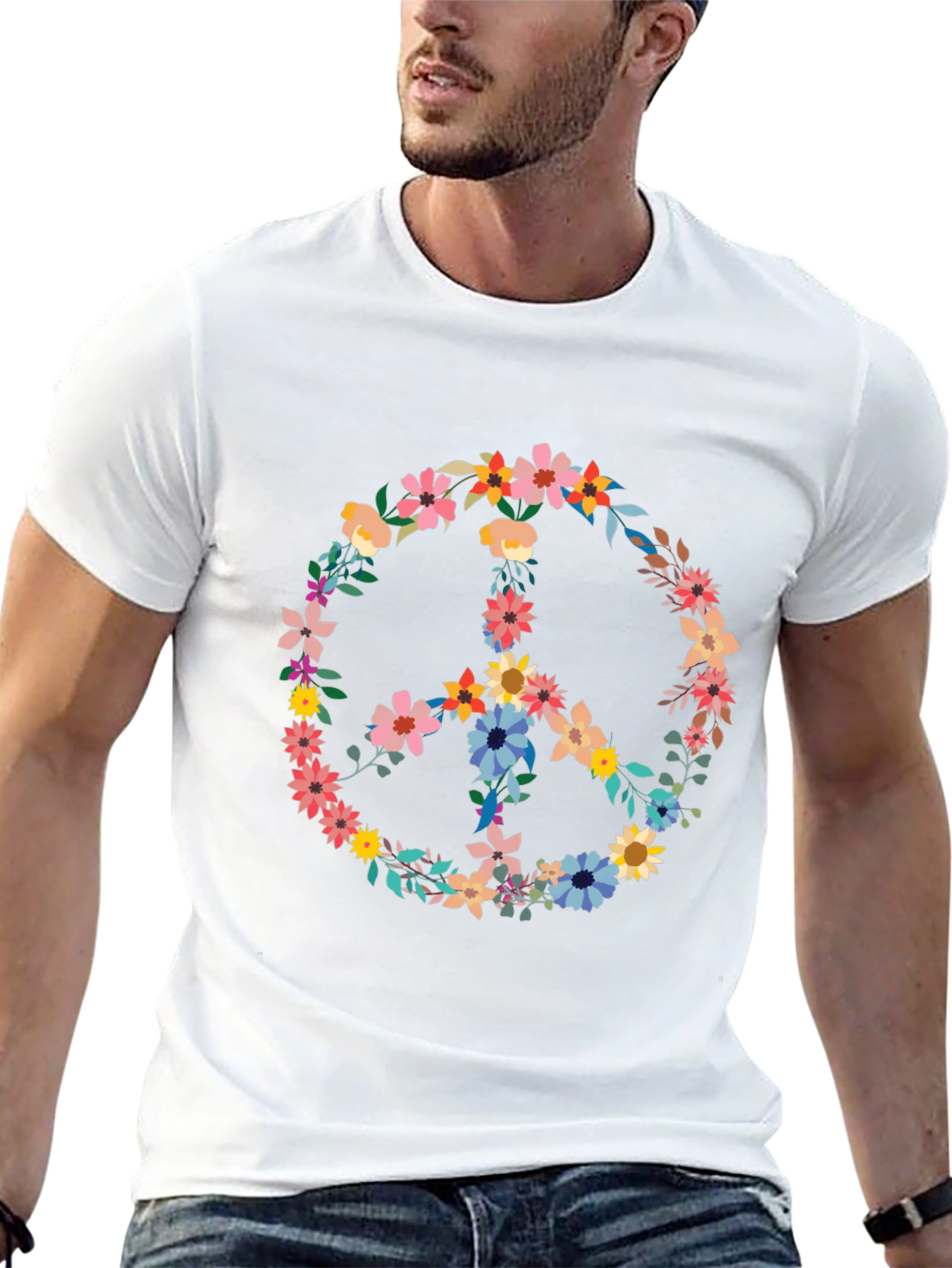 Floral Peace Sign Black T-Shirt - Unisex