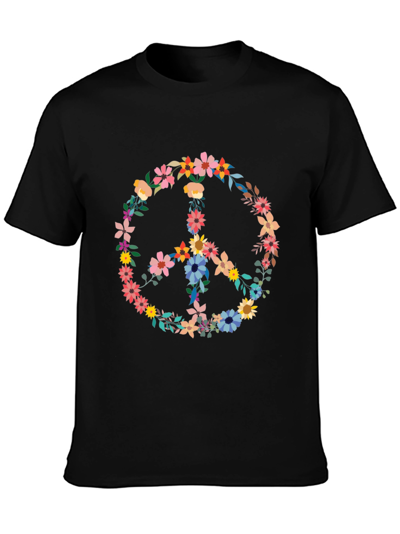 Floral Peace Sign Black T-Shirt - Unisex