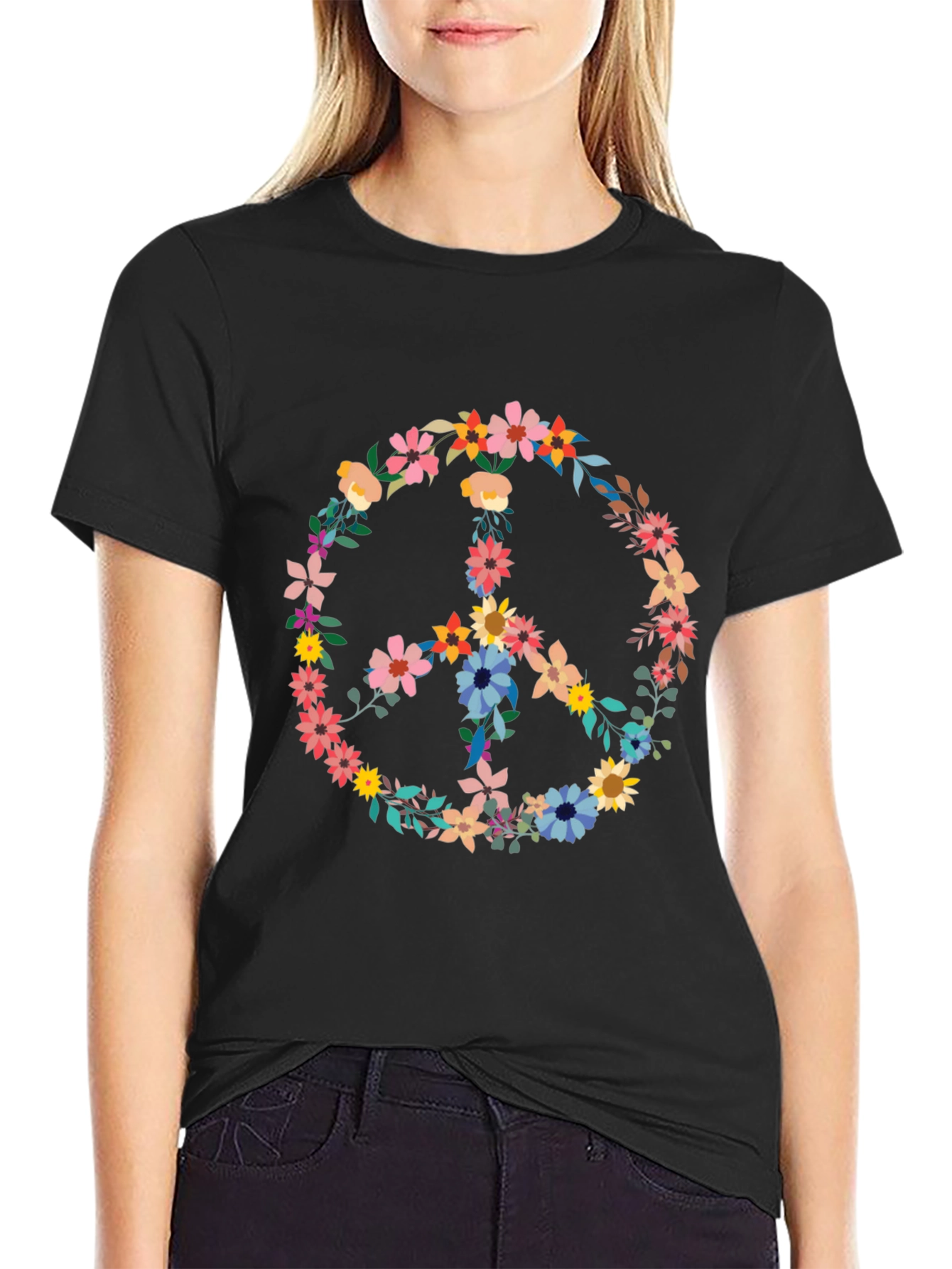 Floral Peace Sign Black T-Shirt - Unisex