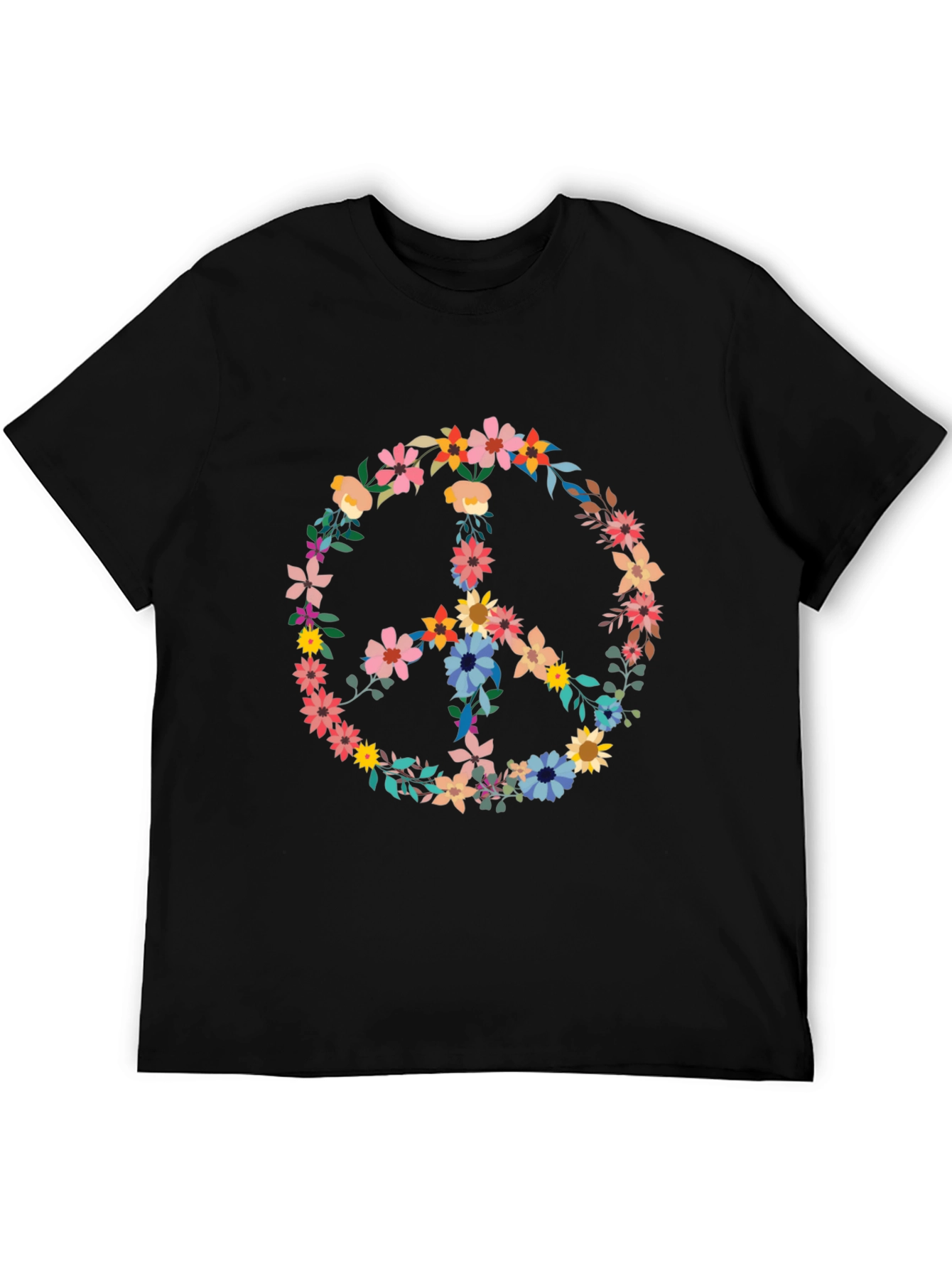 Floral Peace Sign Black T-Shirt - Unisex