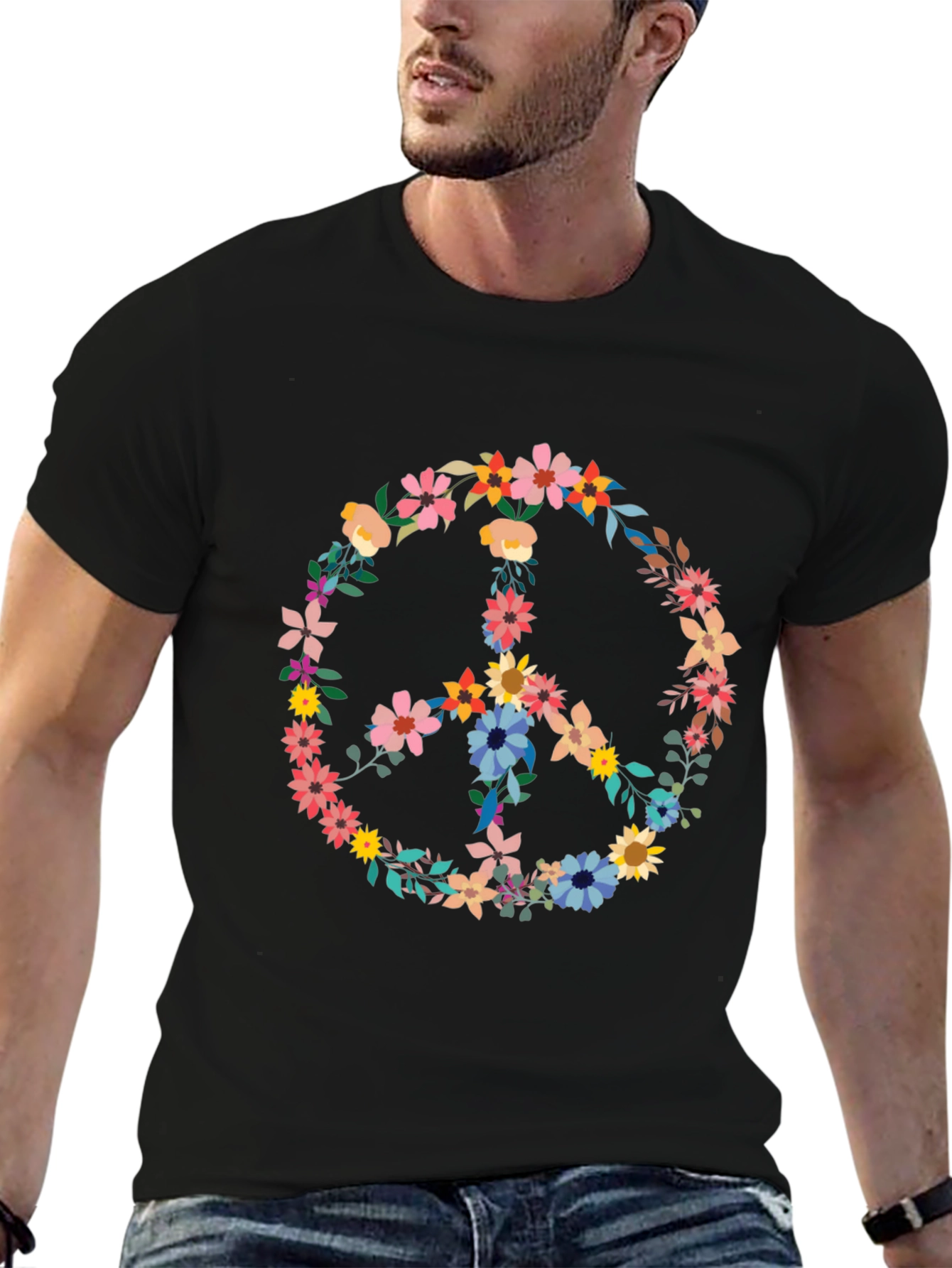 Floral Peace Sign Black T-Shirt - Unisex