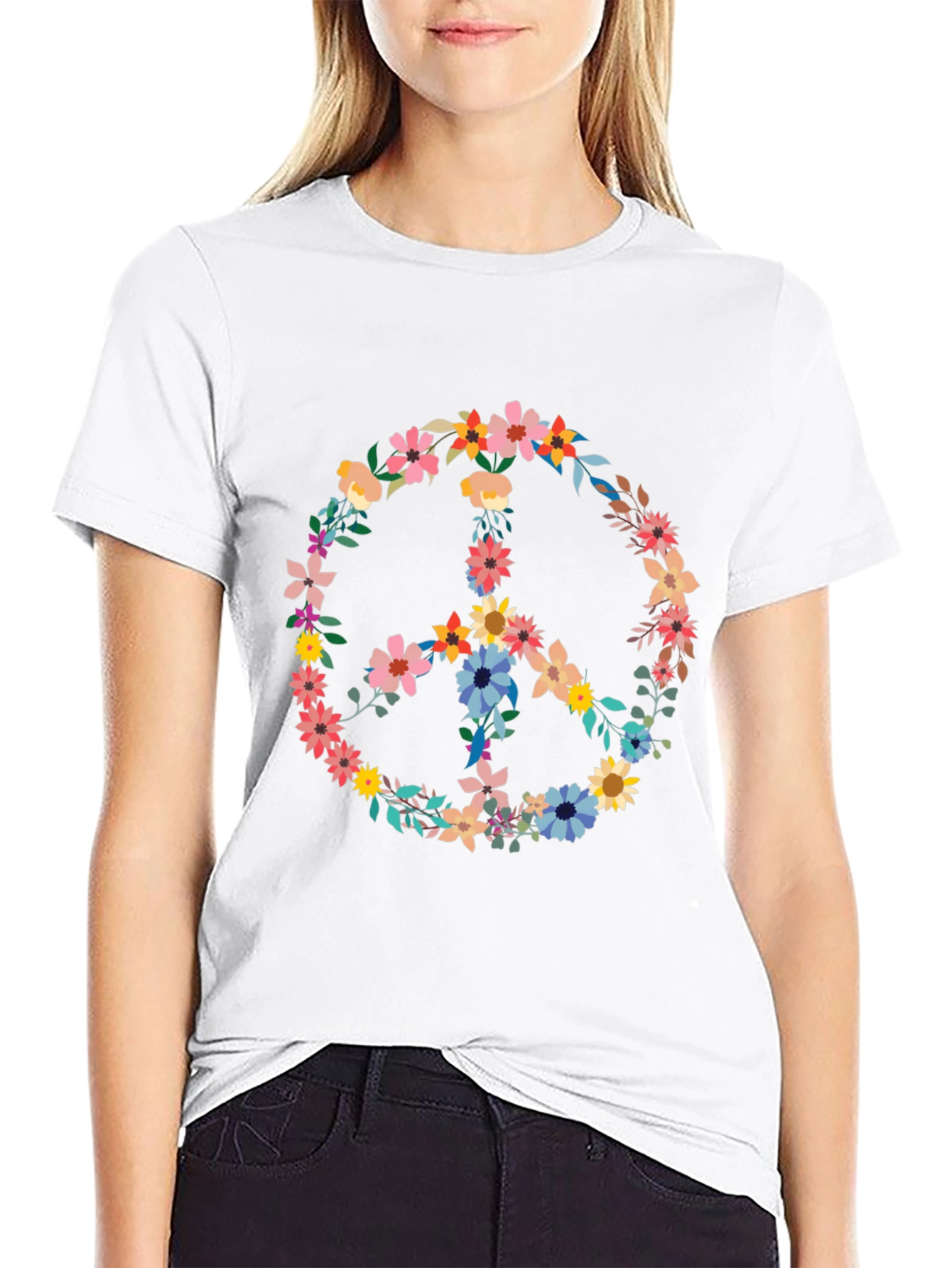 Floral Peace Sign Black T-Shirt - Unisex