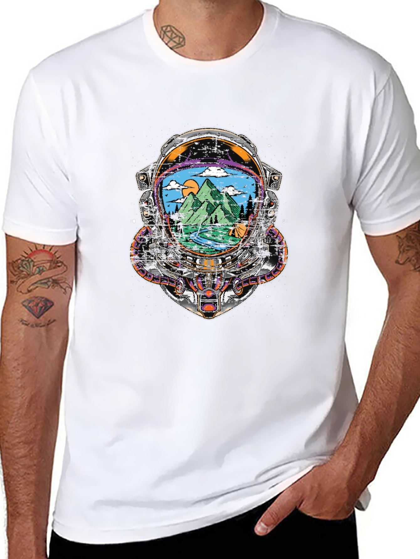 Astronaut Helmet Camping Scene Graphic Tee