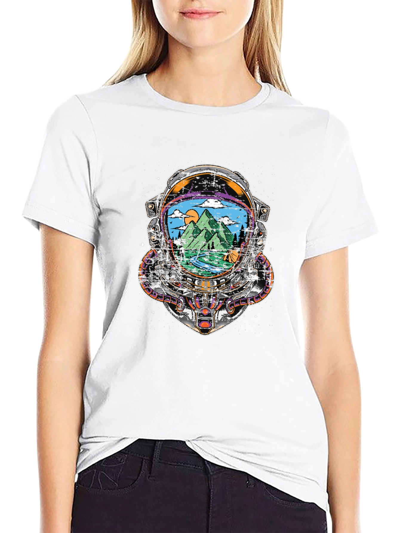 Astronaut Helmet Camping Scene Graphic Tee