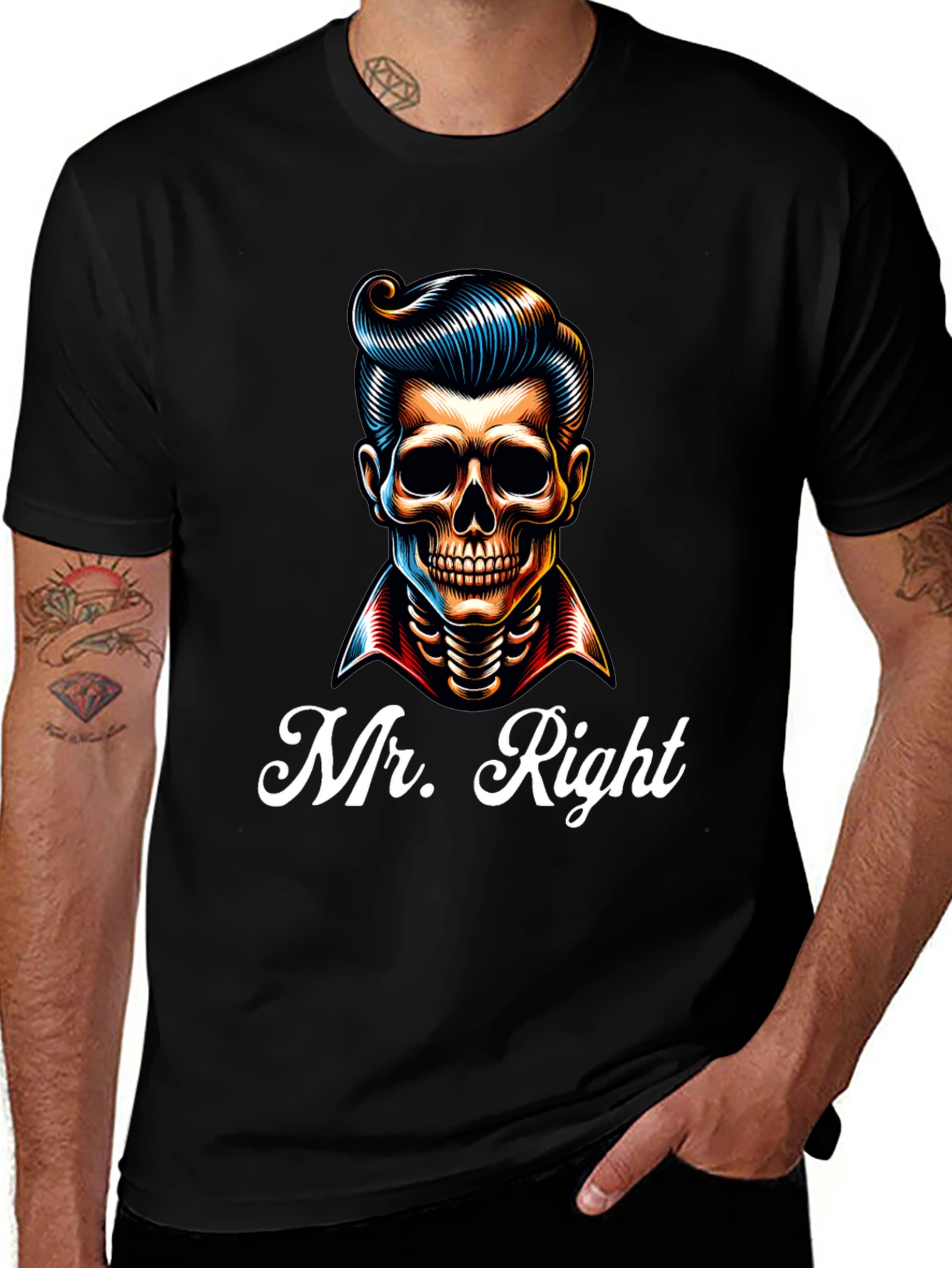 Mr. Right Skeleton Graphic Print Black T-Shirt