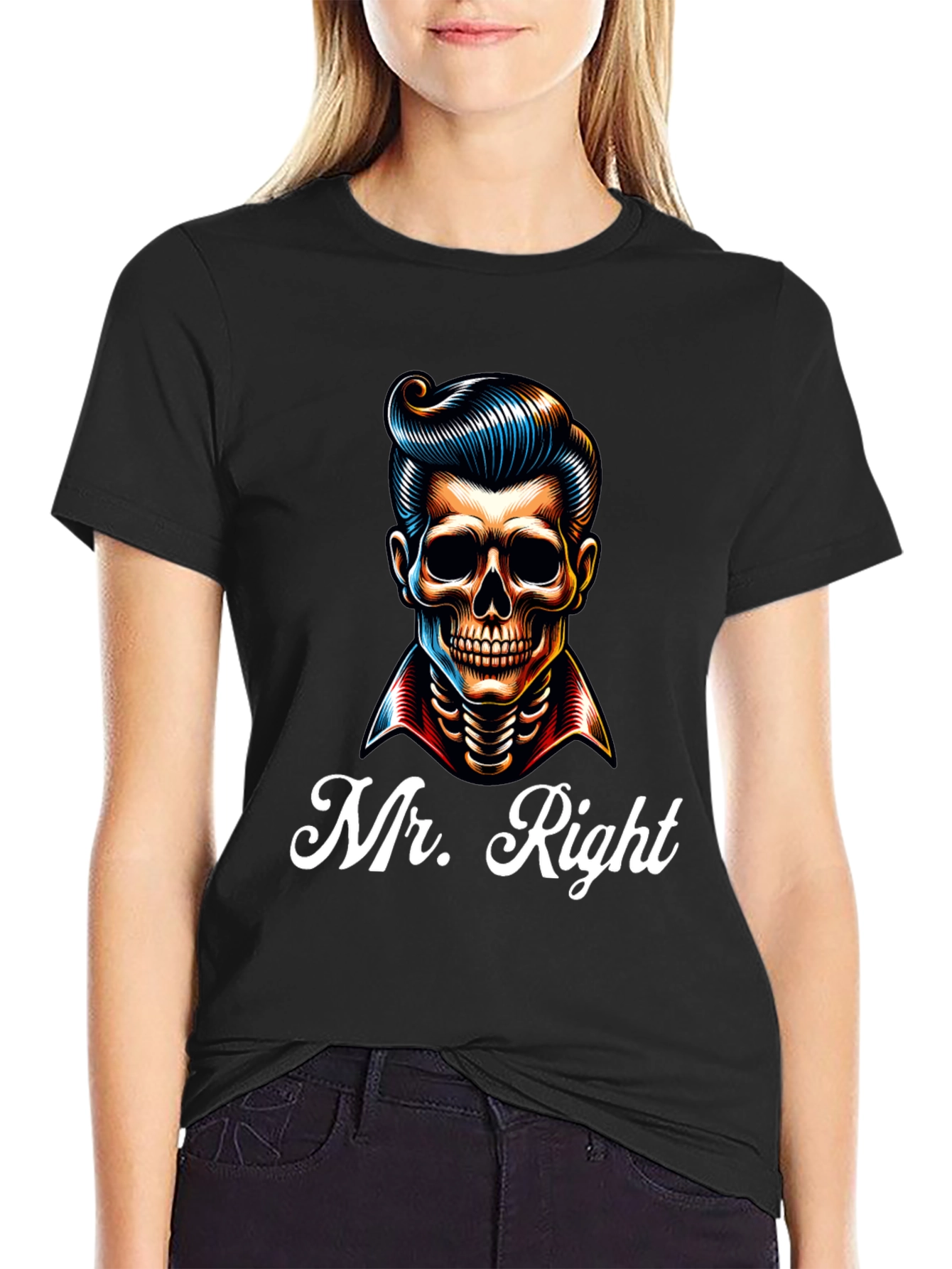 Mr. Right Skeleton Graphic Print Black T-Shirt