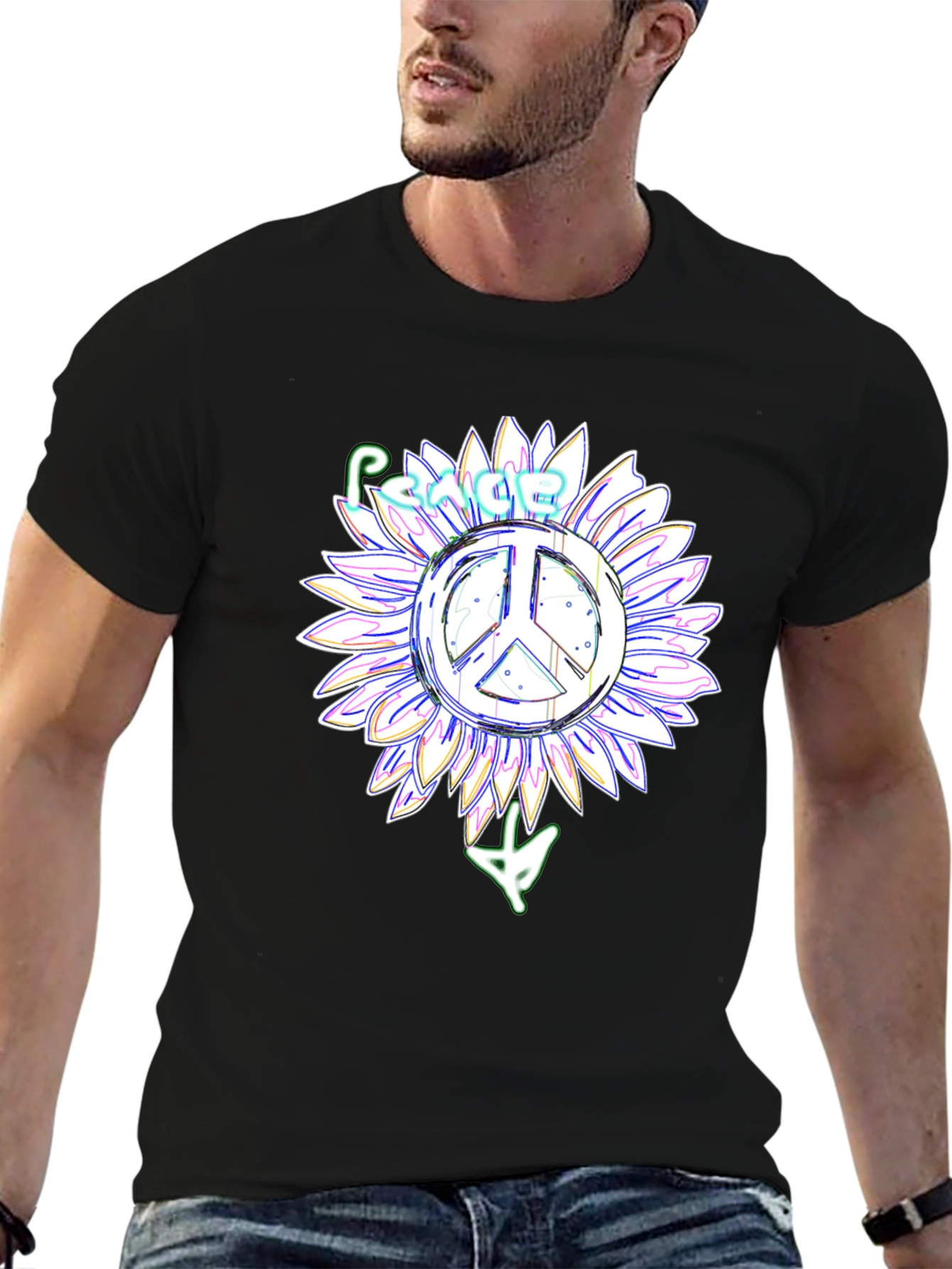 Peace Sign Sunflower Black T-Shirt