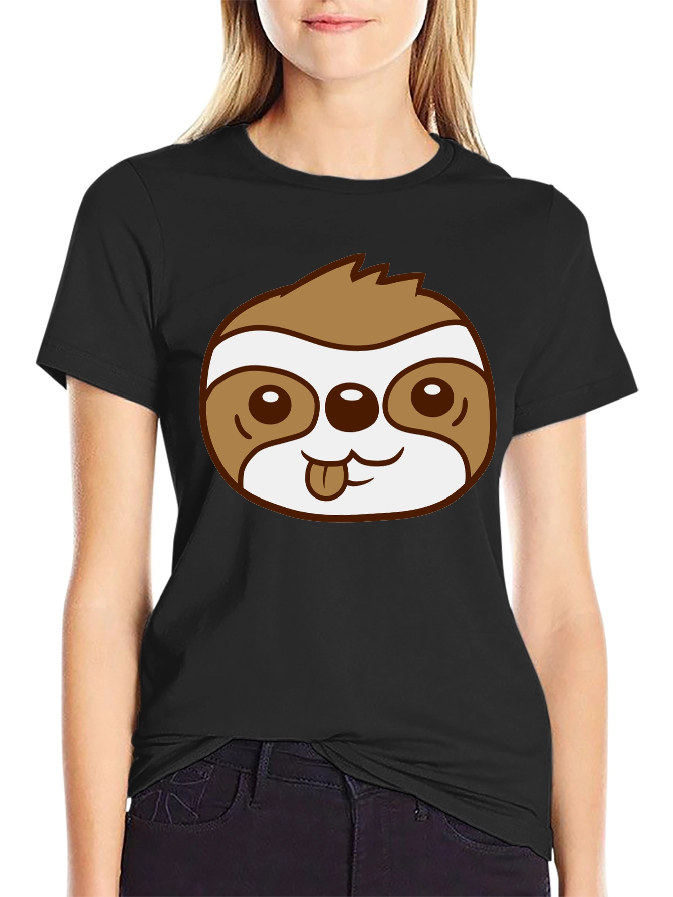 Cute Sloth Face Graphic Black T-Shirt