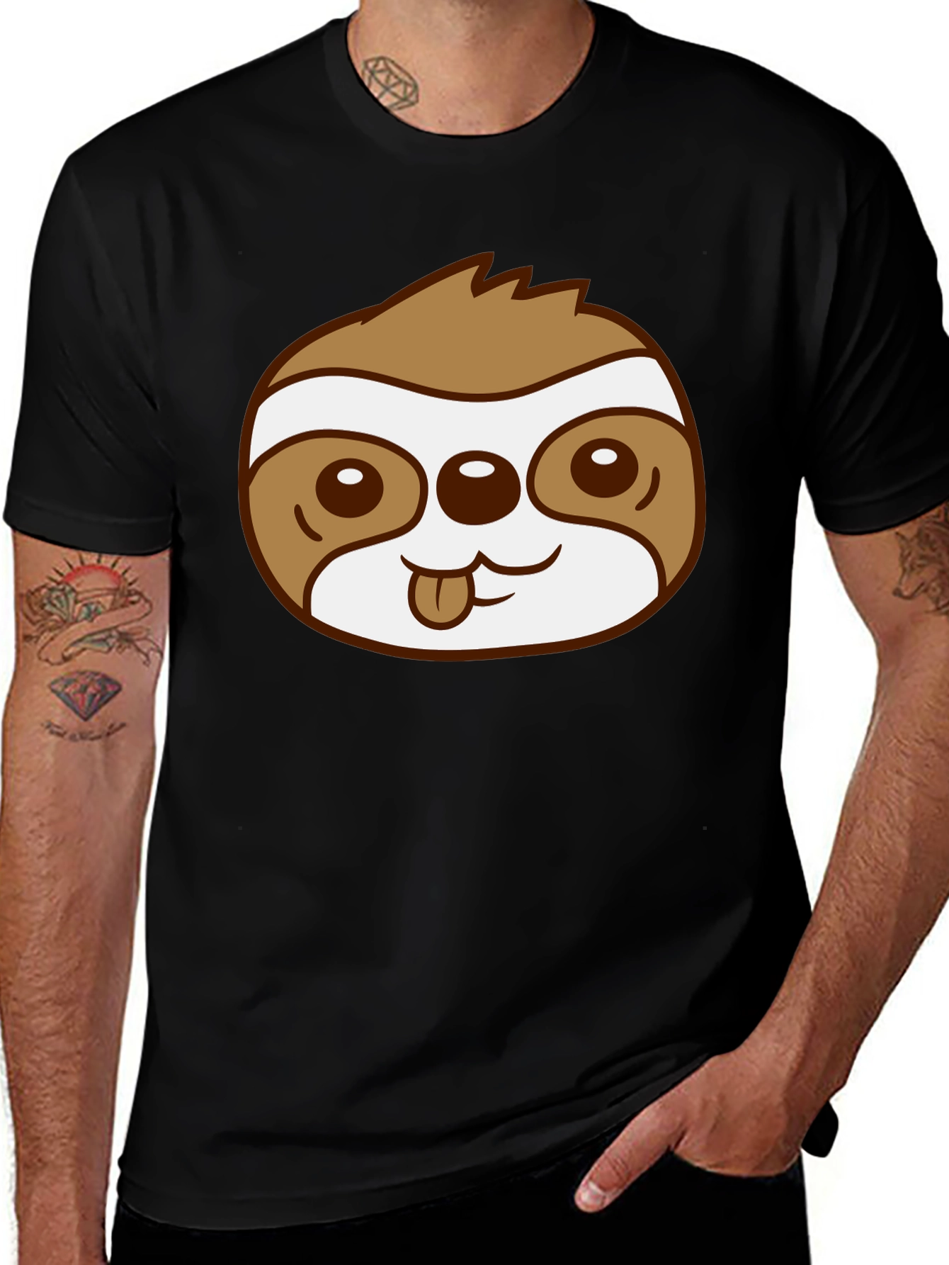 Cute Sloth Face Graphic Black T-Shirt