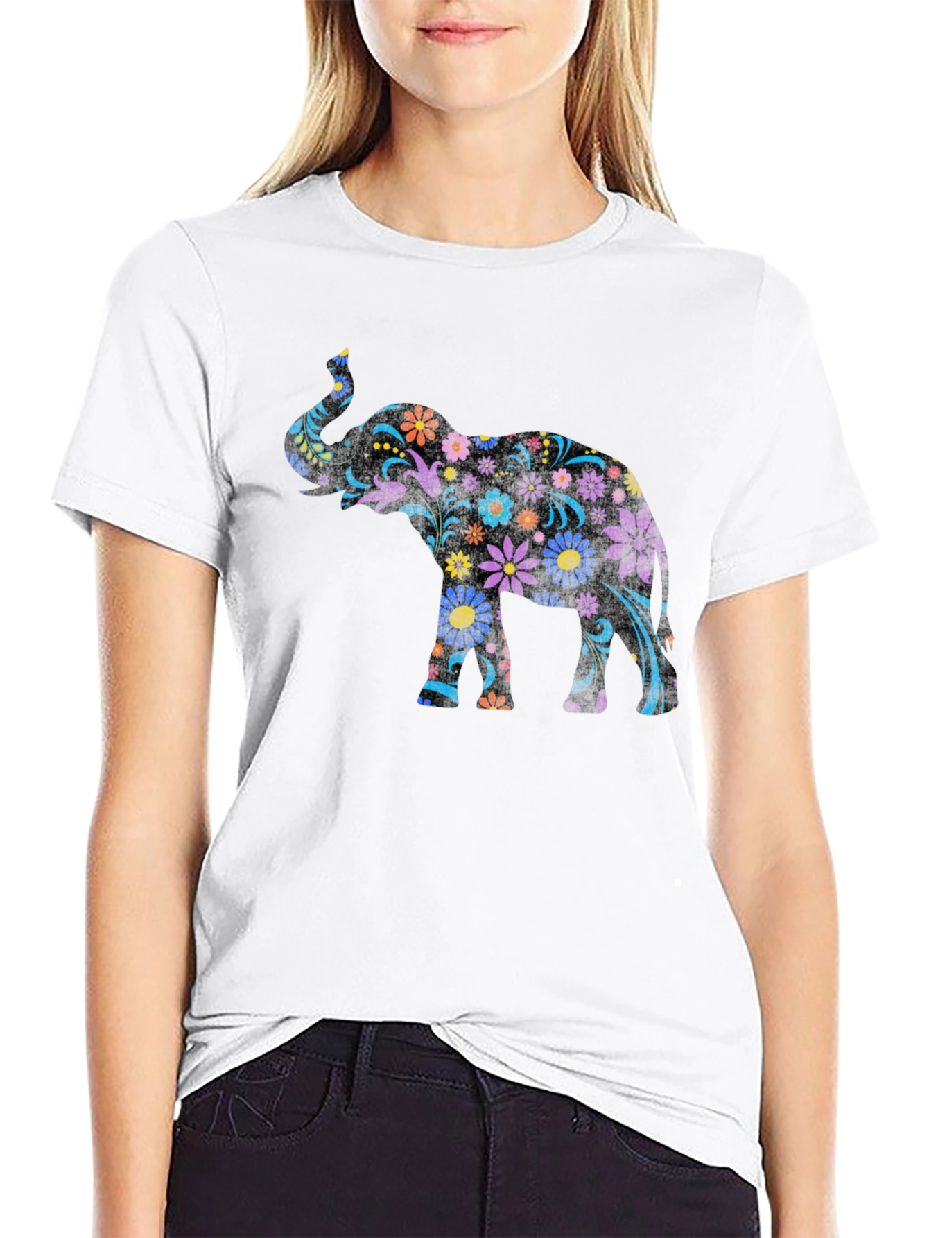 Floral Elephant Graphic Tee - Black Unisex T-Shirt