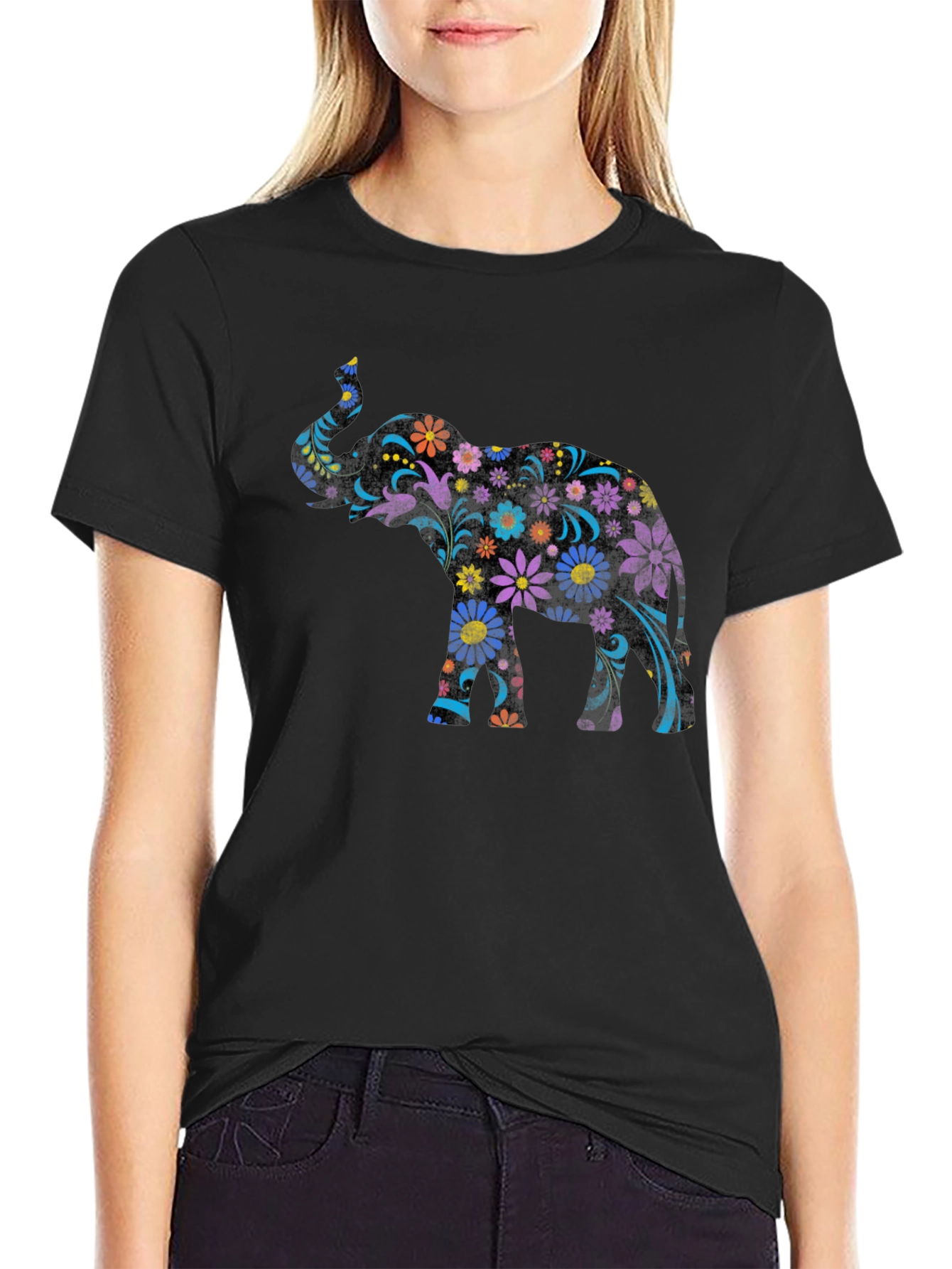 Floral Elephant Graphic Tee - Black Unisex T-Shirt