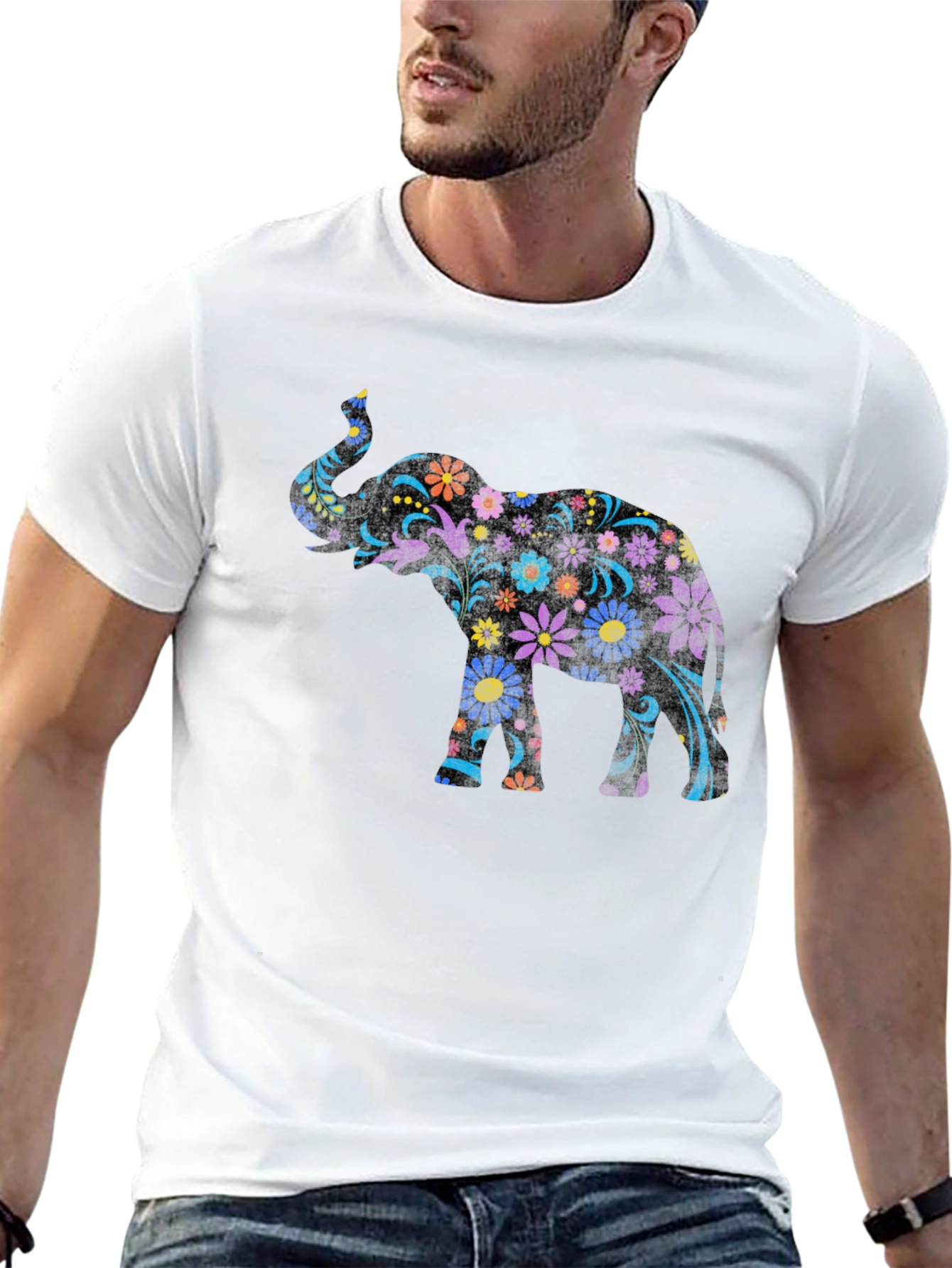 Floral Elephant Graphic Tee - Black Unisex T-Shirt